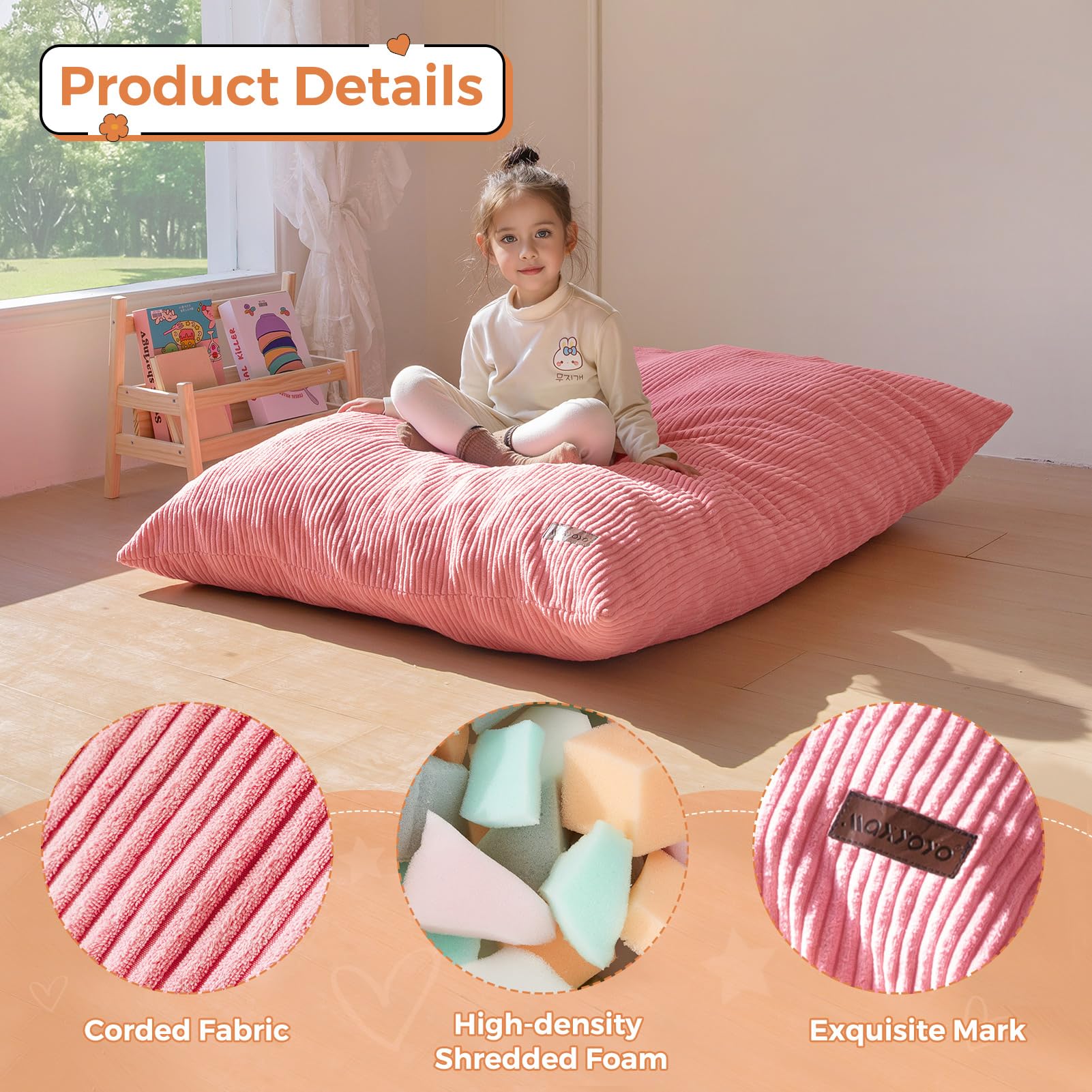 MAXYOYO 3-in-1 Convertible Kids Bean Bag Chair & Bed - Pink Floor Sofa for Children's Room, Gaming, Reading & Nap Time | Multi-Functional Toddler Furniture for Playroom, Bedroom & Dorm
