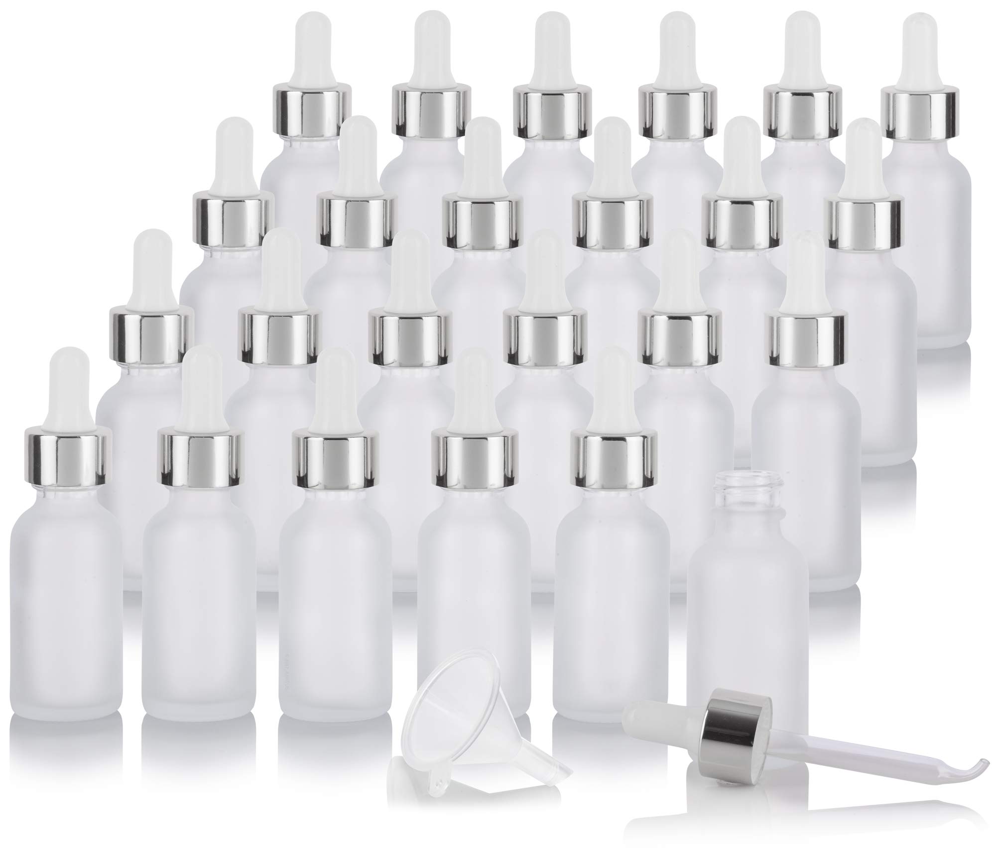 JUVITUS 1 oz Clear Frosted Glass Boston Round Bottle with Silver Metal Dropper (24 Pack) + Funnel - Essential Oil Bottles, DIY Skincare Containers, Travel-Sized Liquid Storage for Aromatherapy, Perfume & Homemade Beauty Products