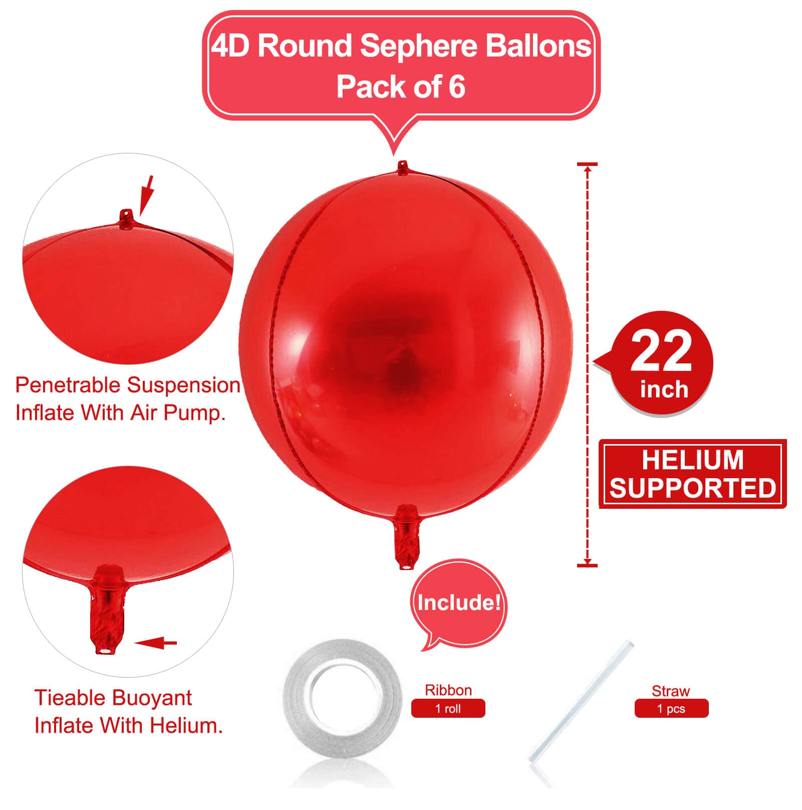 6 Pack 22 Inch 4D Red Metallic Foil Balloons - Large Round Party Balloons for Wedding, Birthday, Bridal Shower, Baby Shower Decorations - Perfect for Indoor & Outdoor Party Decor, Photo Backdrops, and Celebration Events