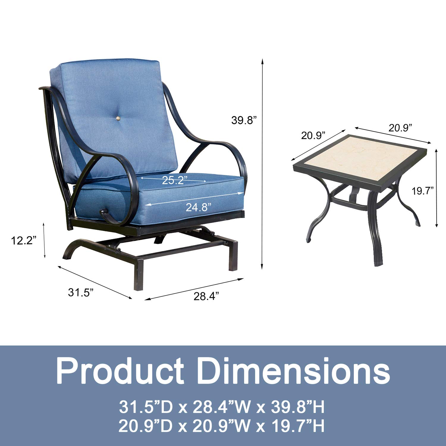 PatioFestival 3-Piece Metal Outdoor Bistro Set with Rocking Motion Deep Seating Chairs & Coffee Table - Blue Patio Furniture for Garden, Poolside, Yard & Backyard Relaxation