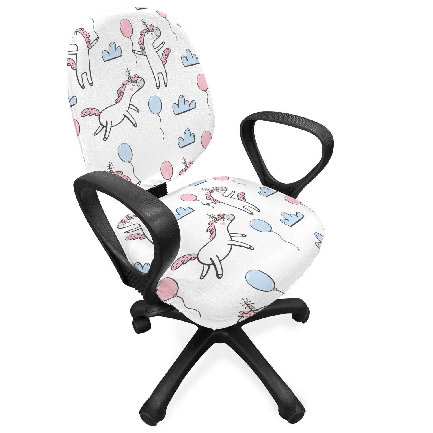 Ambesonne Cartoon Office Chair Slipcover - Stretch Fabric Cover with Clouds, Balloons & Unicorns Party Theme - Standard Size in Pale Pink & Blue - Perfect for Kids' Rooms, Birthday Parties & Themed Offices