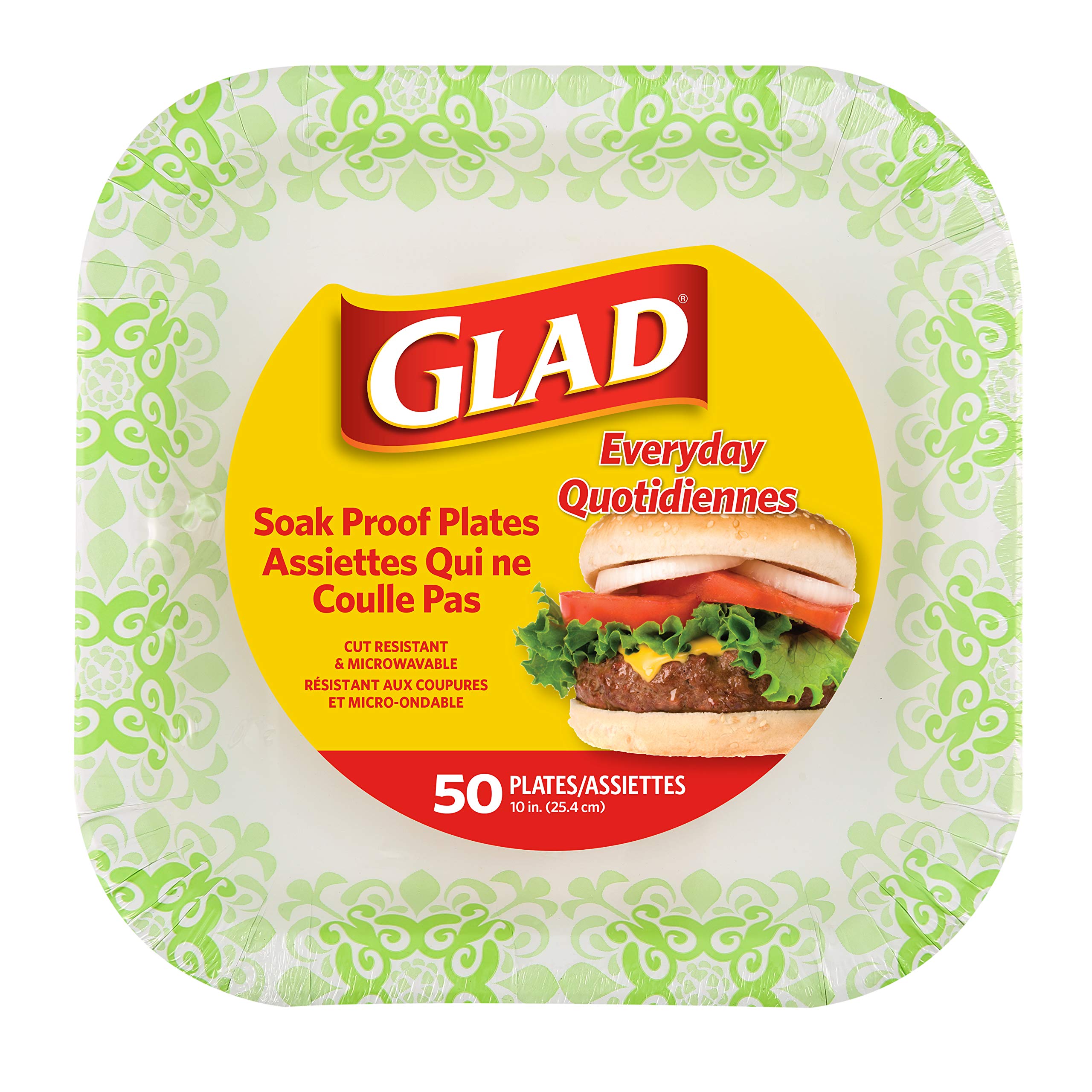 **Glad Square Disposable Paper Plates - Heavy Duty, Soak Proof & Cut Proof - 10 Inch, 50 Count Bulk Pack - Microwave Safe for Parties, BBQs, Picnics & Family Gatherings**