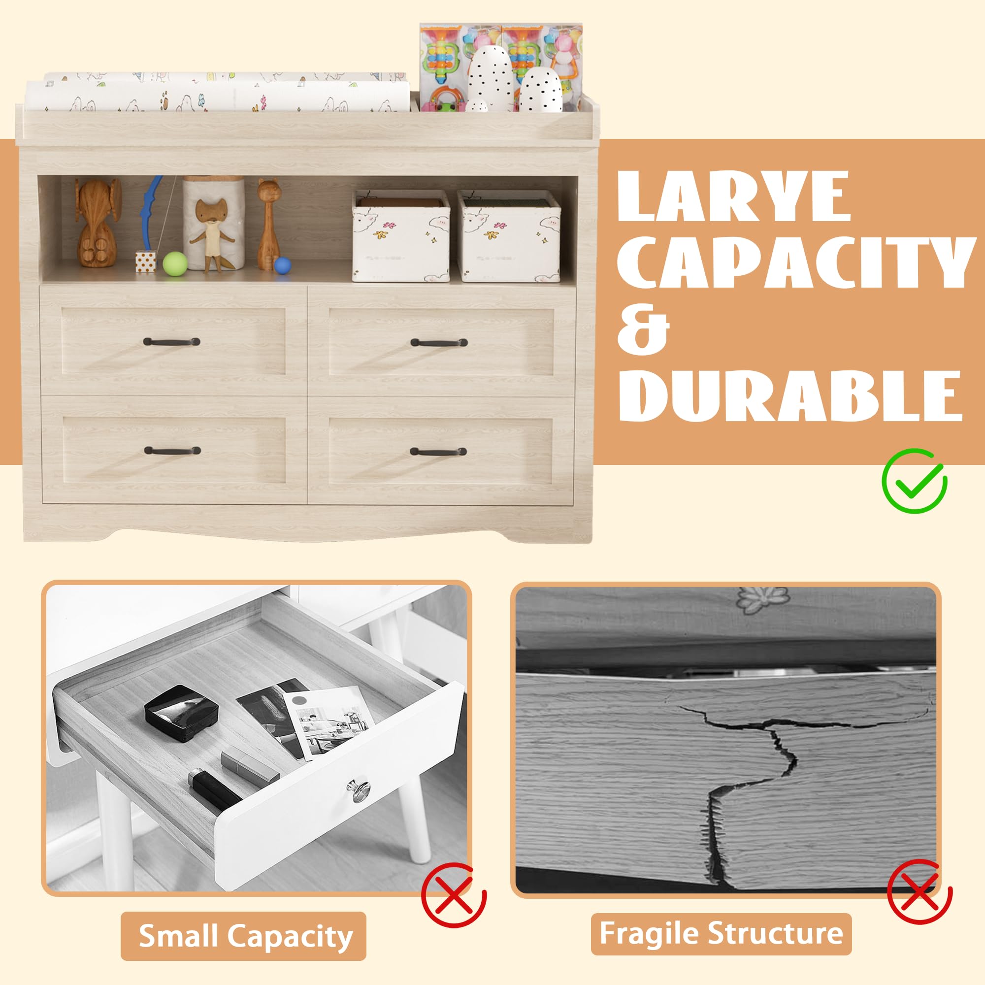 Baby Changing Table Dresser with LED Light - 4-Drawer Nursery Storage Organizer with Changing Station Top for Infants - Perfect for Diaper Changes & Nursery Organization (Beige)