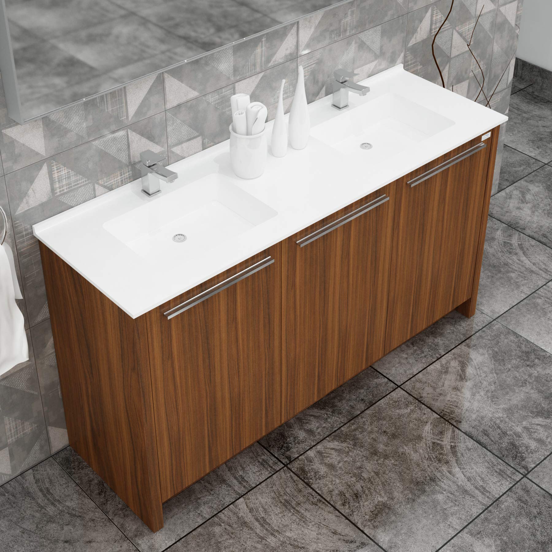 63 Inch Walnut Wood Double Sink Bathroom Vanity - Pre-Assembled Modern European Freestanding Cabinet with Acrylic Countertop, Soft Closing Doors & Chrome Handles | Undermount Dual Sink for Master Bathroom or Guest Bath Remodel