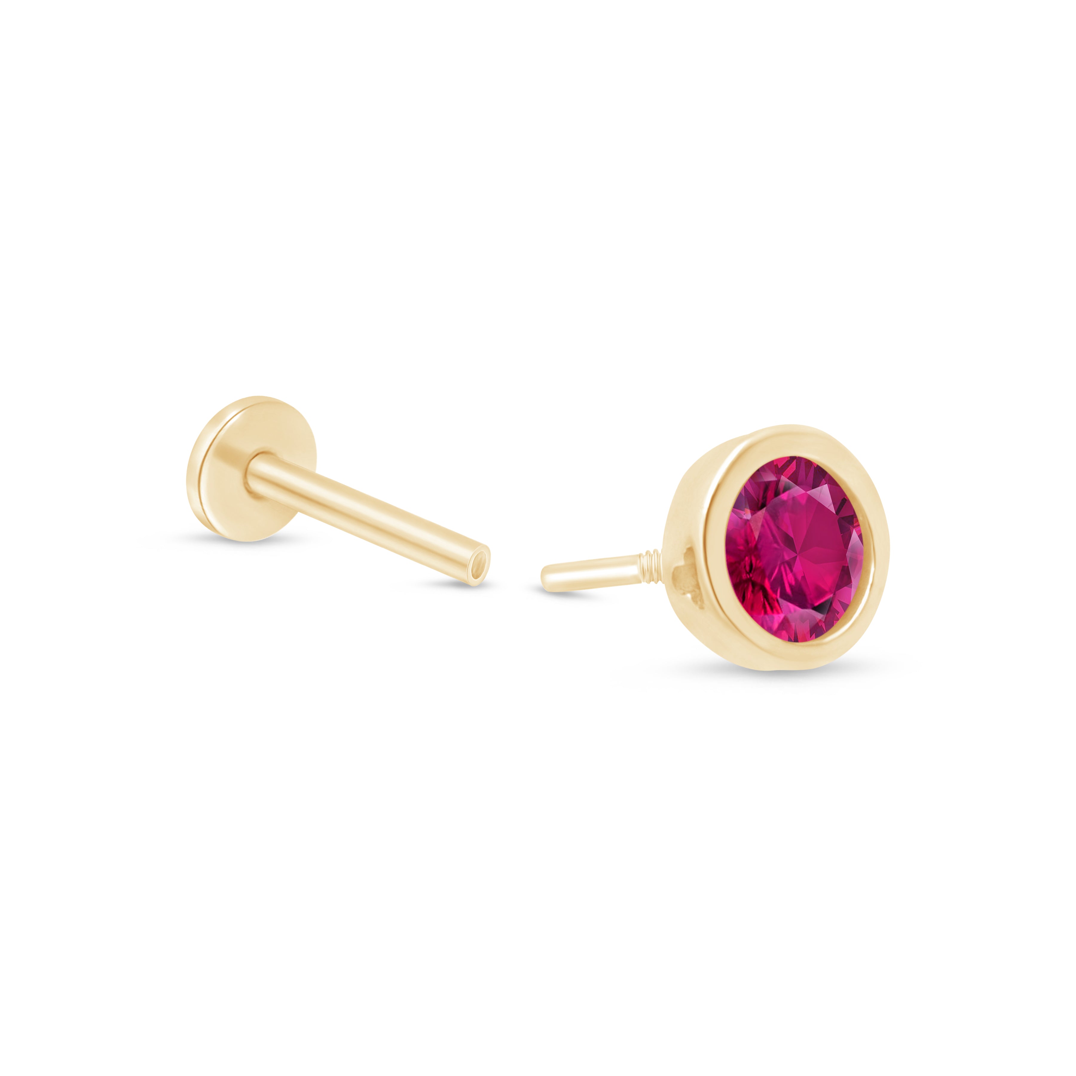 14K Yellow Gold Round Pink Ruby Stud Earrings - Flat Back Bezel Set for Women | Perfect for Everyday Wear, Parties & Gifts