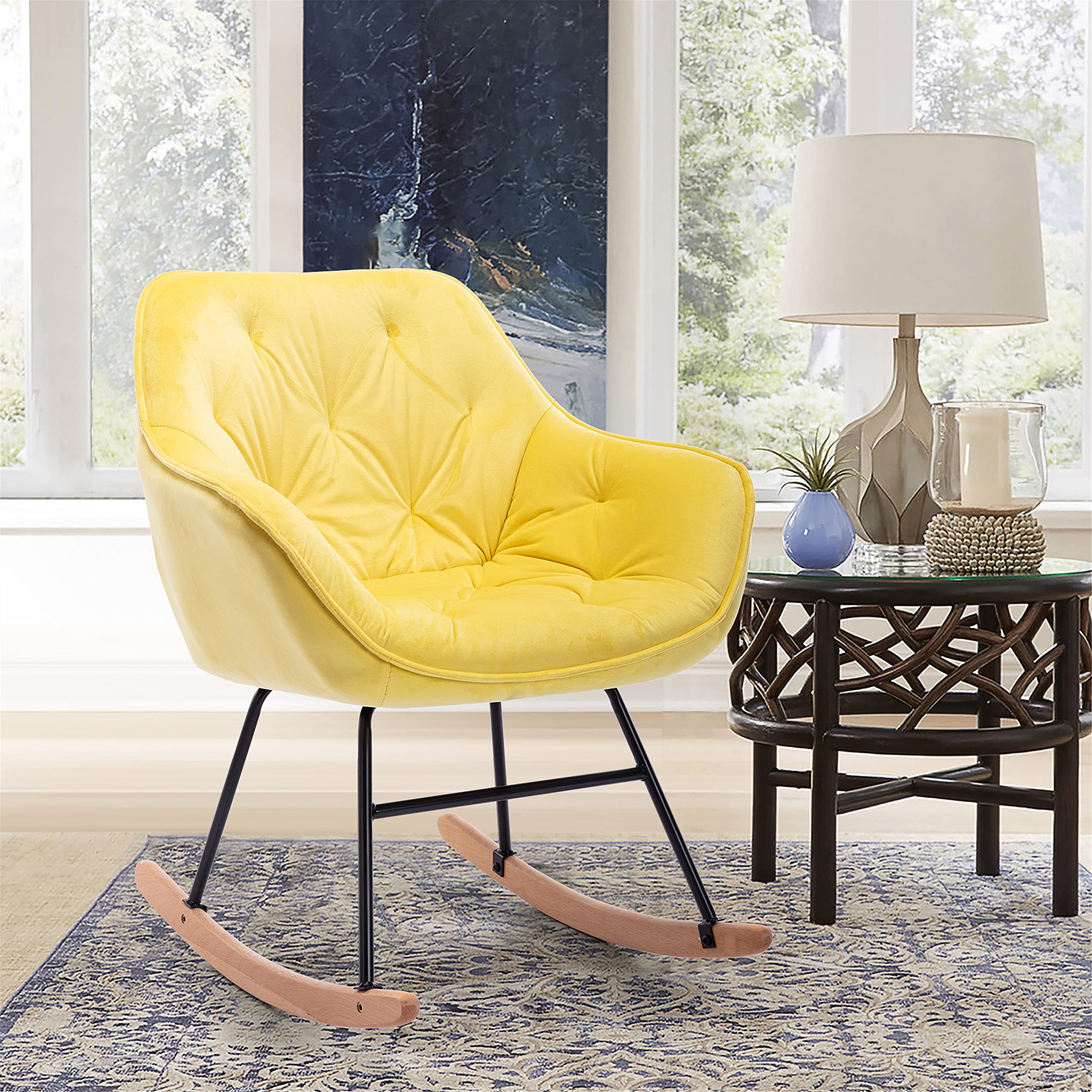 Solid Wood Modern Rocking Chair - Upholstered Microfiber Accent Armchair for Living Room, Bedroom & Office - Yellow Small Space Nap Chair | Perfect for Reading Nook, Nursery & Cozy Corners