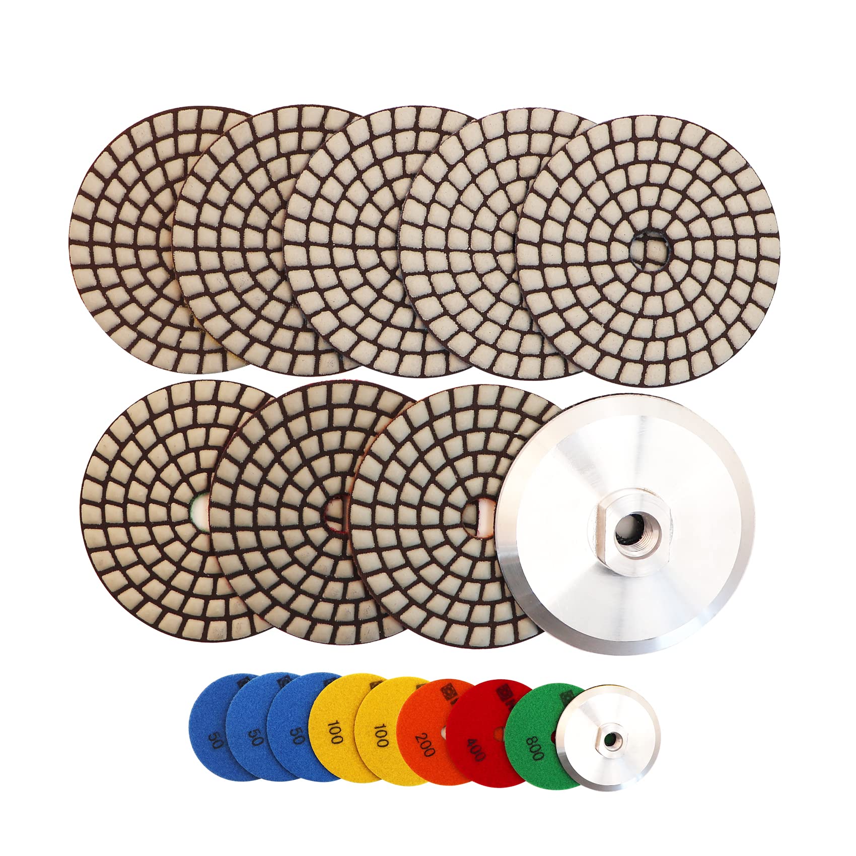 8pcs 4 Inch Dry Diamond Polishing Pads Set (#50x3, #100x2, #200x1, #400x1, #800x1) for Granite, Marble, Concrete - Aluminum Backing Pads - Perfect for Grinder & Polisher in Stone Countertop Restoration & Floor Polishing