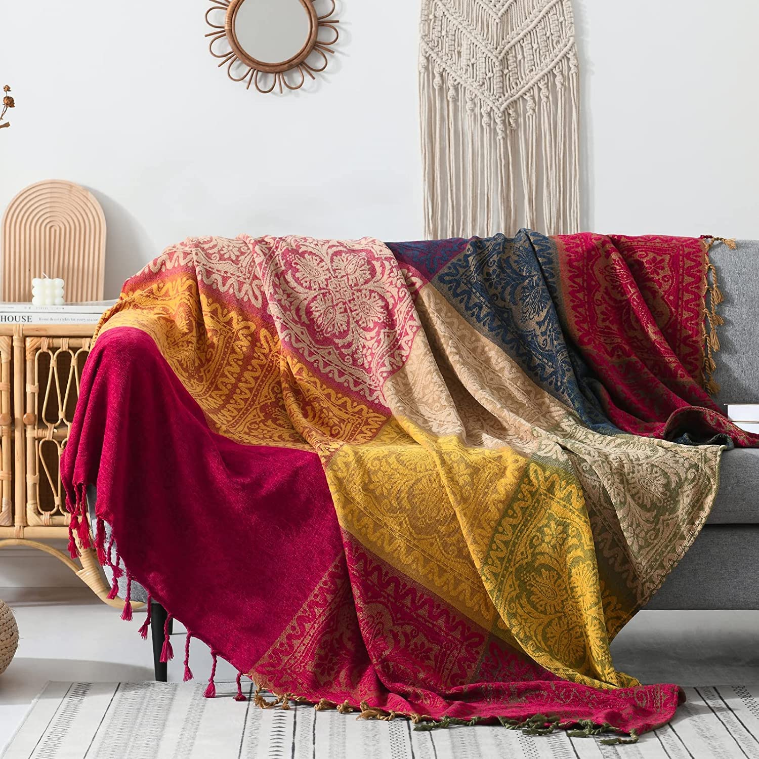 Bohemian Woven Throw Blanket - Soft Chenille Striped Jacquard Blanket for Couch, Sofa & Bed, 60x75 Inches, Red Navy Tribal Design - Perfect for Cozy Home Decor, Living Room Accent & Boho Chic Style