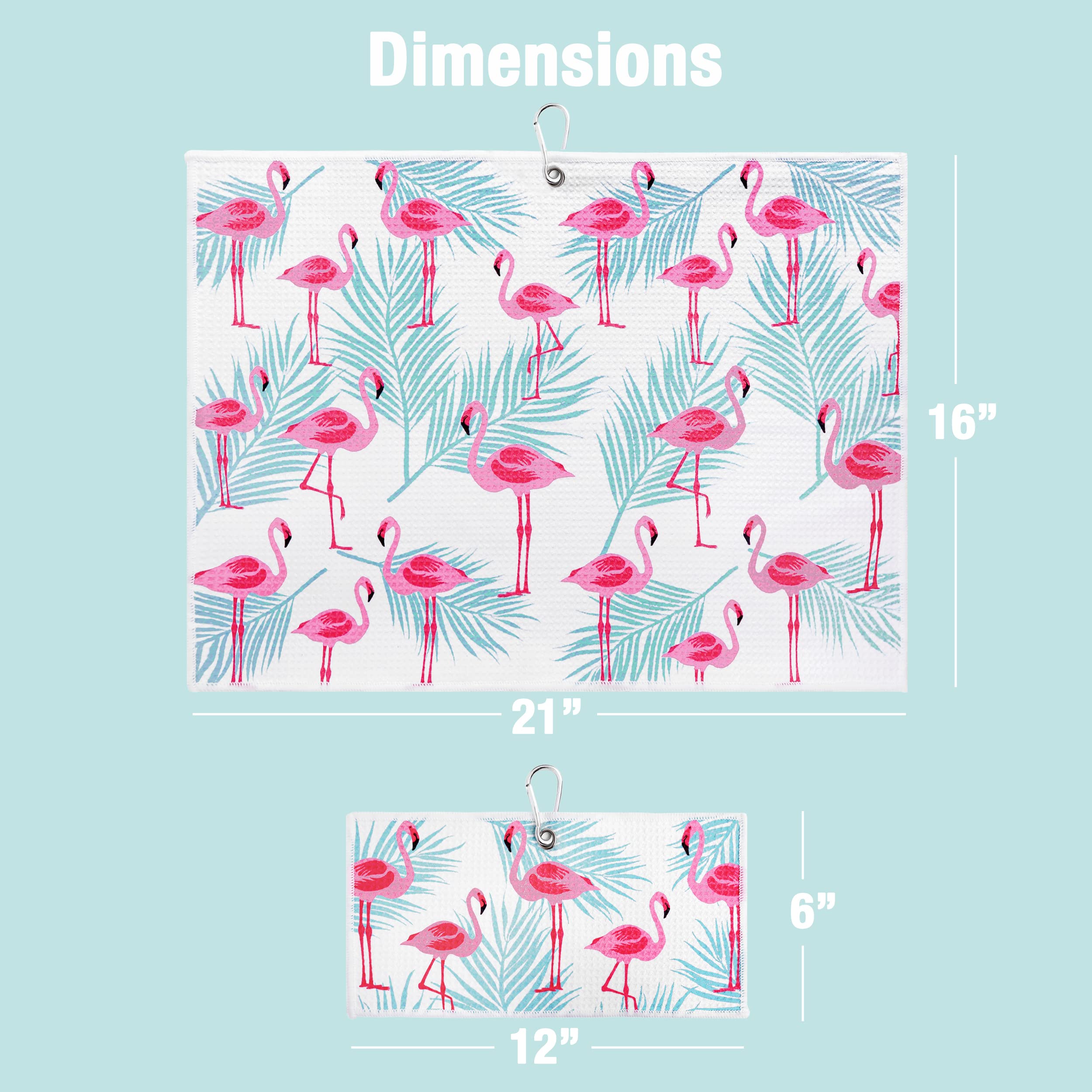 Premium Golf Towel Set of 2 - Microfiber Waffle & Ball Towels for Golf Bags - Best Golf Accessories for Men & Women - Ideal Golf Gift for Players - Flamingo Palm Leaf Design - Perfect for Course Play, Practice & Club Cleaning