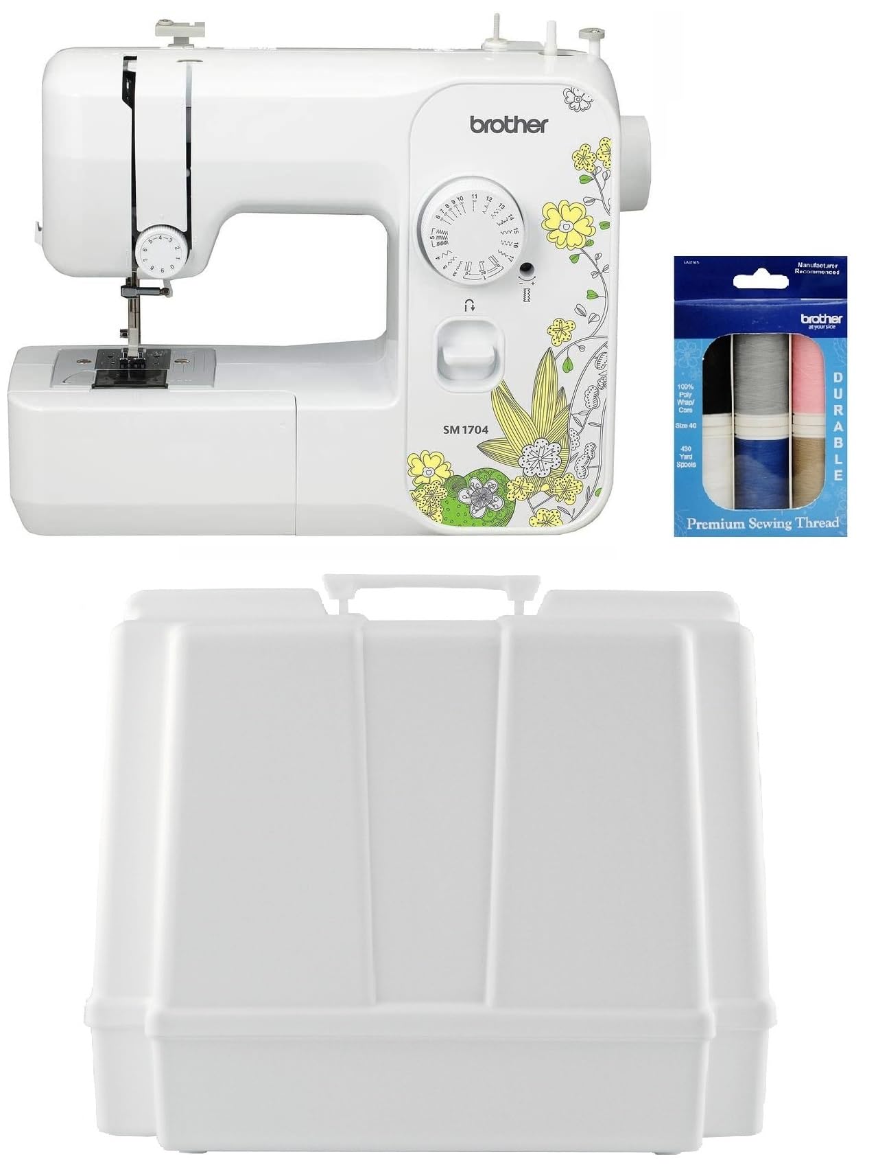 Brother SM1704 17-Stitch Free Arm Sewing Machine with Hard Plastic Storage Case & 6-Pack Premium Thread - Perfect for Home Sewing, Quilting, and DIY Projects