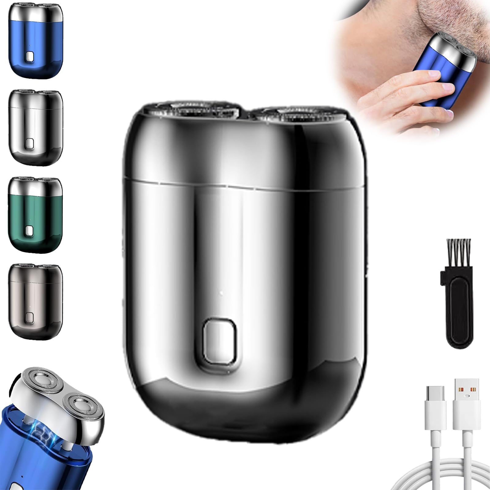 Jacooba Electric Razor for Men - Rechargeable Waterproof USB Shaver with Washable Double Head, Portable Mini Travel Shaver (Silver) - Perfect for Home, Office & Travel Grooming