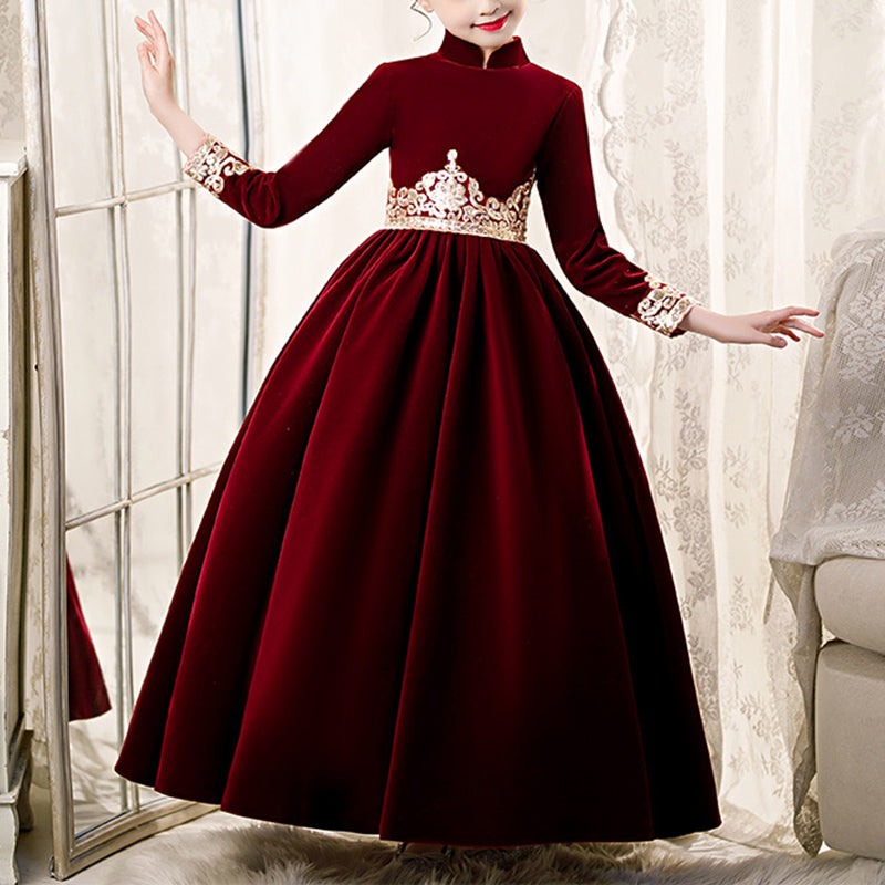 Burgundy Velvet A-Line Flower Girl Dress with Lace and Pleated Details - Perfect for Weddings, Pageants, and Special Occasions