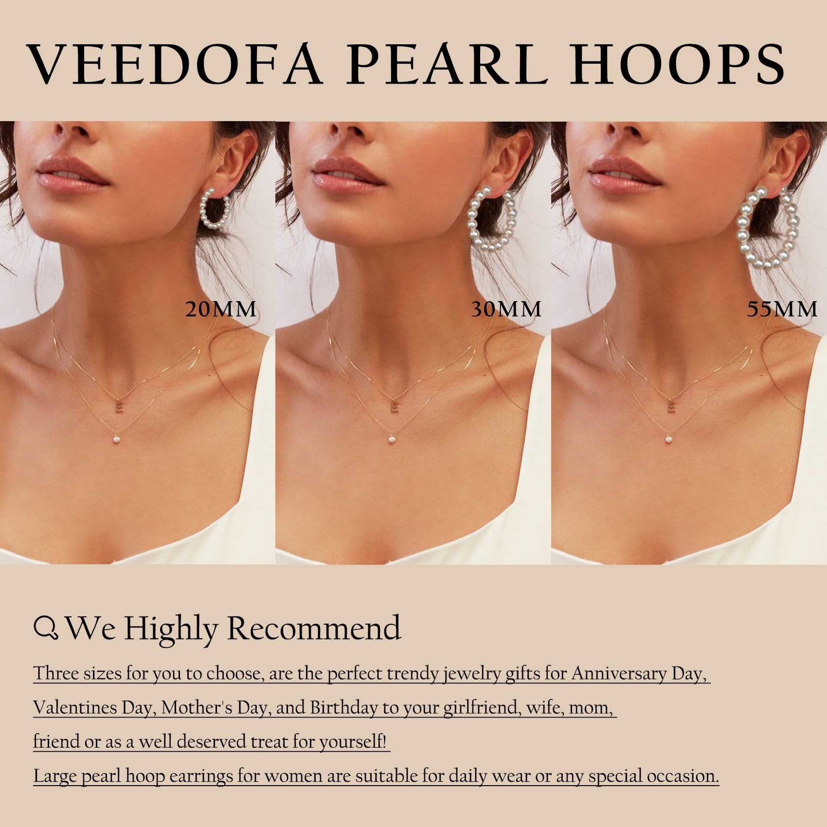 5MM Thick Pearl Hoop Earrings for Women - Lightweight 925 Sterling Silver Hypoallergenic Pearl Earrings (20/30/55MM) - Perfect for Weddings, Parties & Everyday Wear