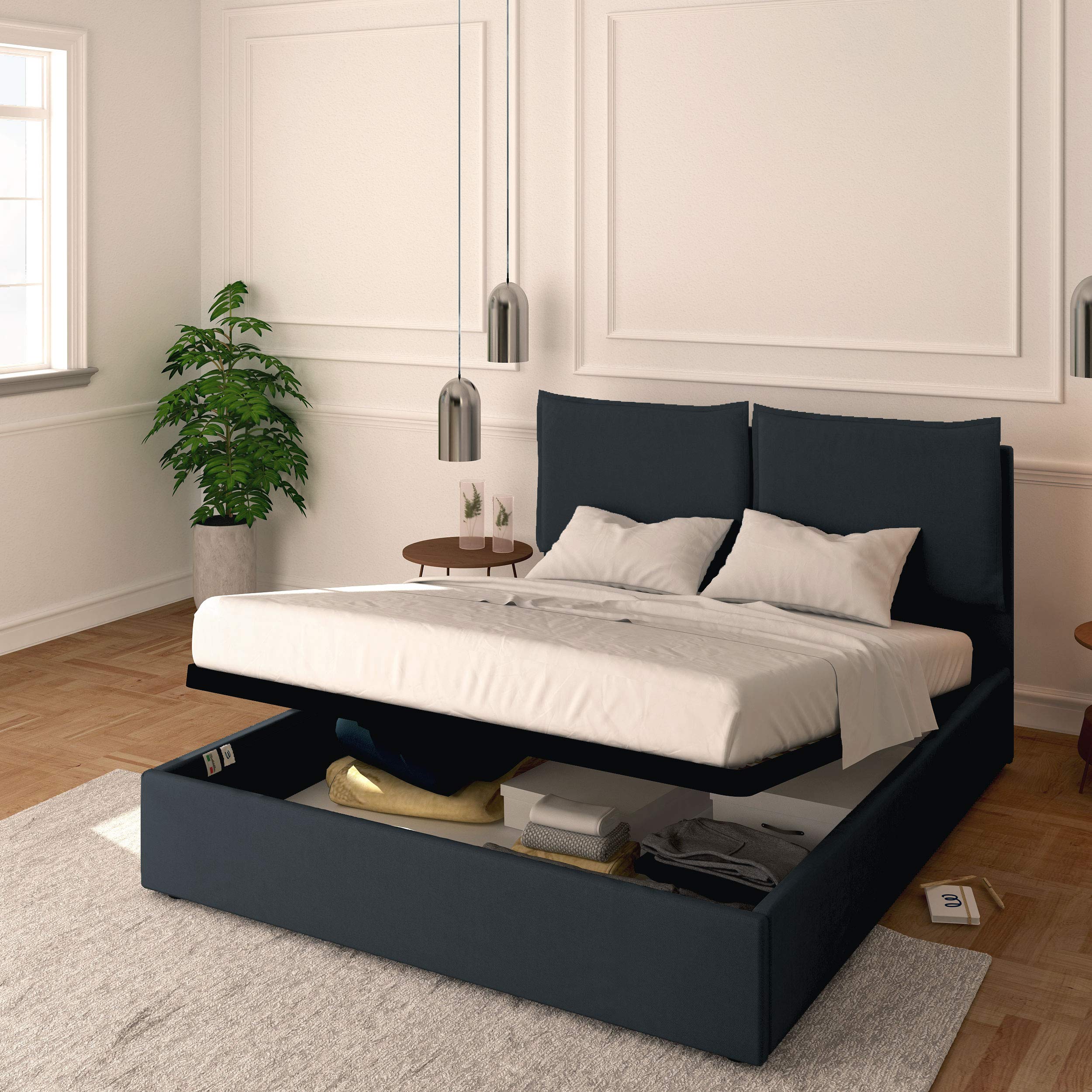 Baldiflex Licia Fabric Queen Bed Frame with Slatted Base - 160x190cm Upholstered Headboard & Storage Ottoman - Perfect for Master Bedrooms & Guest Rooms