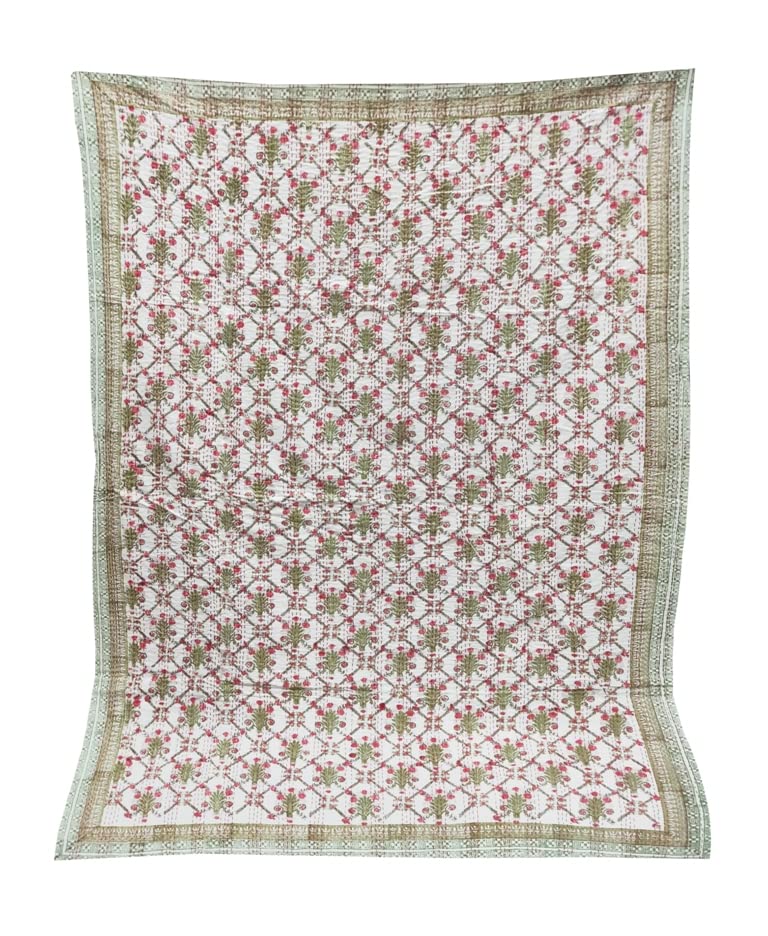 Handmade Indian Kantha Quilt - Floral Printed Cotton Bedspread Coverlet, Queen Size Hand Block Kantha Throw Blanket (Red Tree) | Perfect for Boho Bedroom Decor, Cozy Living Room Accent & Unique Gift Idea