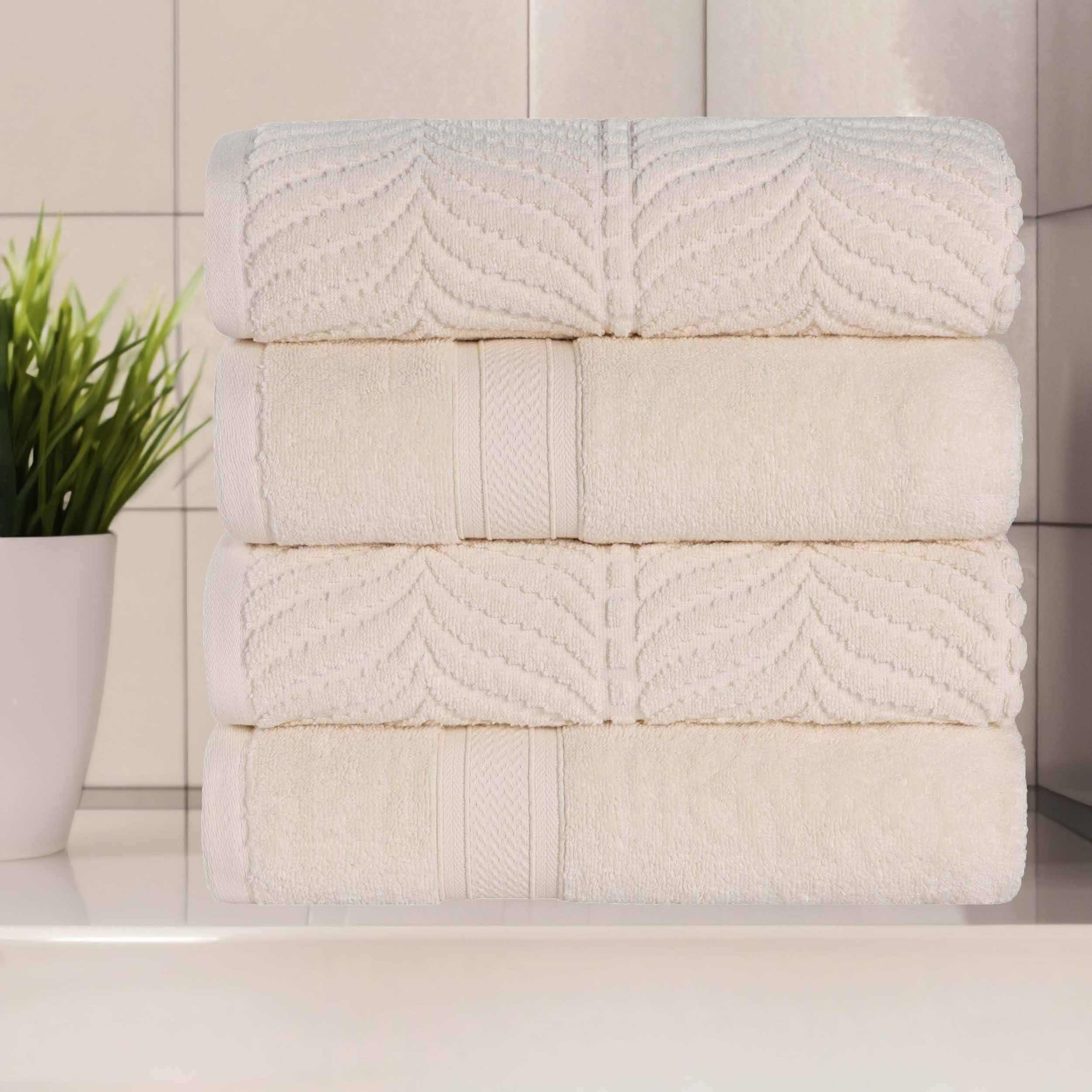 Premium 100% Zero Twist Cotton Bath Towel Set of 4 - Ultra Soft & Absorbent Solid & Jacquard Chevron Design - Luxury Spa, Bathroom & Beach Essentials