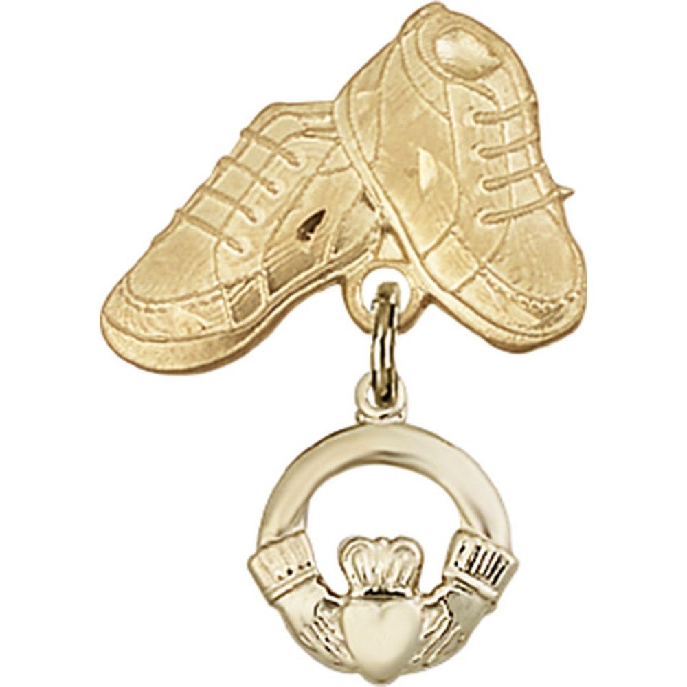 Gold Filled Baby Badge with Claddagh Charm & Baby Boots Pin - 1 X 5/8 Inch Irish Keepsake for Christening, Baptism & Newborn Gifts