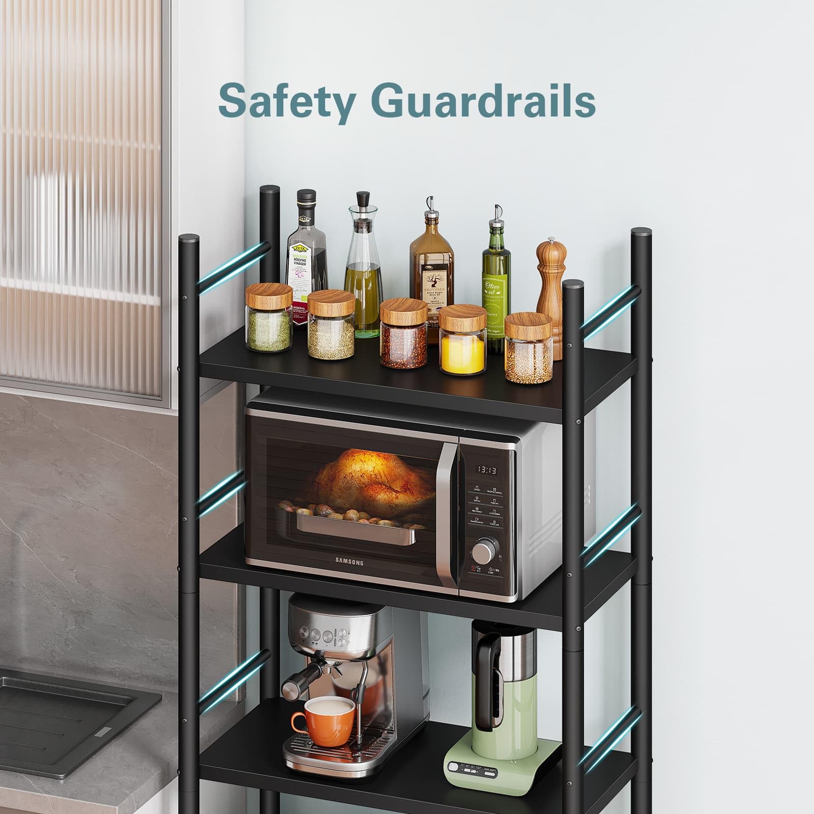 Denkee 5-Tier Heavy Duty Metal Kitchen Baker's Rack with Wheels - Free Standing Storage Shelf for Microwave, Oven, Spices & Pantry Organization (23.23