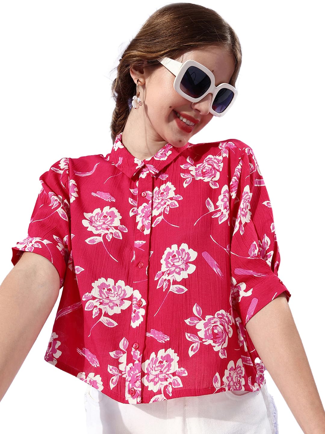 ALL YOURS Women's Slim Fit Floral Print Casual Shirt - Pink & White Cotton Blouse for Everyday Wear | Office, Date Night & Spring Outfits