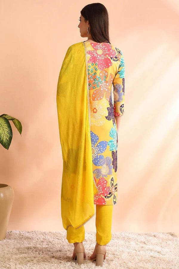 Stylish Yellow Floral Printed Cotton Blend Straight Suit Set for Women | Office Wear & Casual Outfits | Perfect for Work, Parties & Daily Fashion