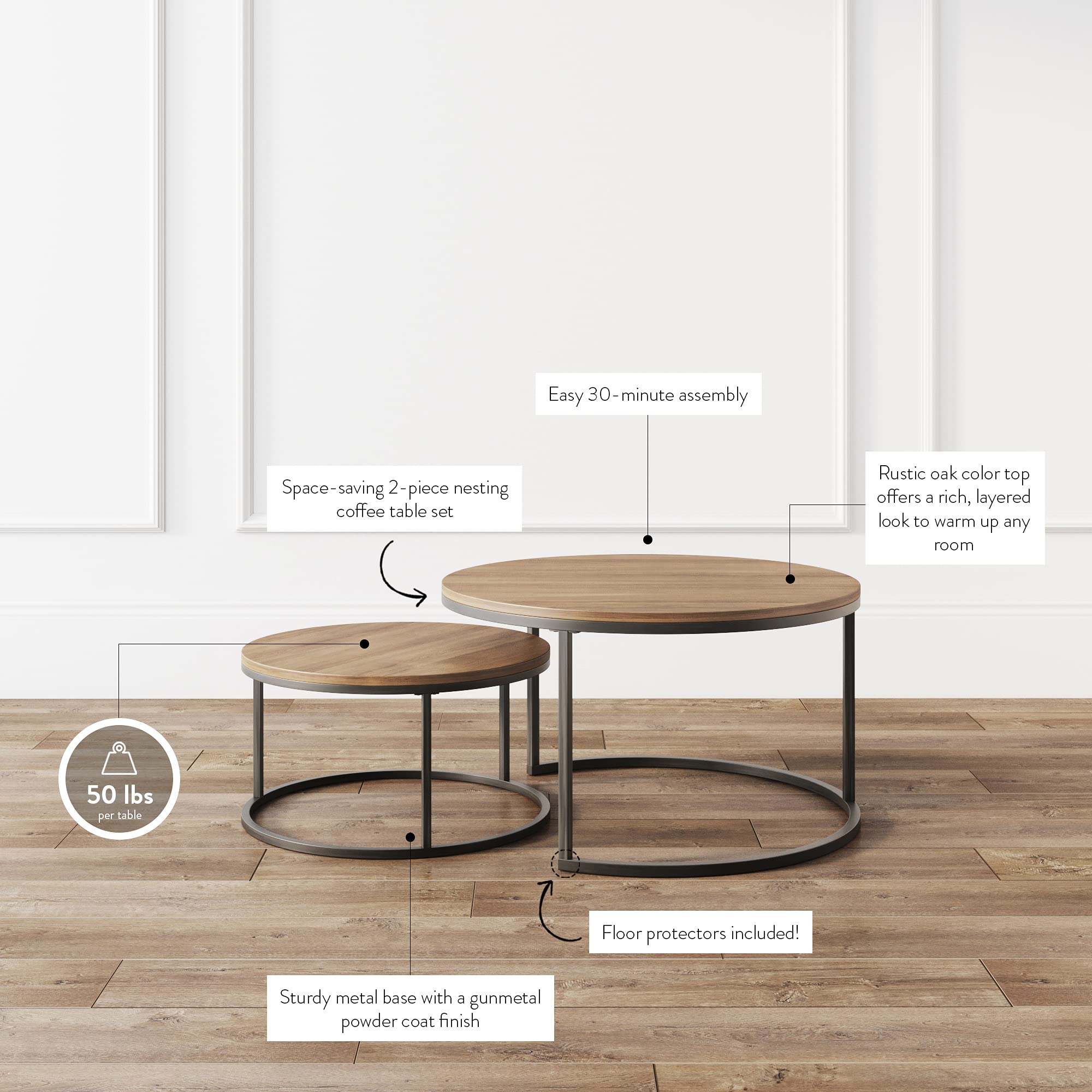 Nathan James Stella Round Modern Nesting Coffee Tables (Set of 2) - Stackable Living Room Accent Tables with Reclaimed Oak Tabletops & Matte Gunmetal Frame - Perfect for Small Spaces, Apartments and Cozy Living Rooms