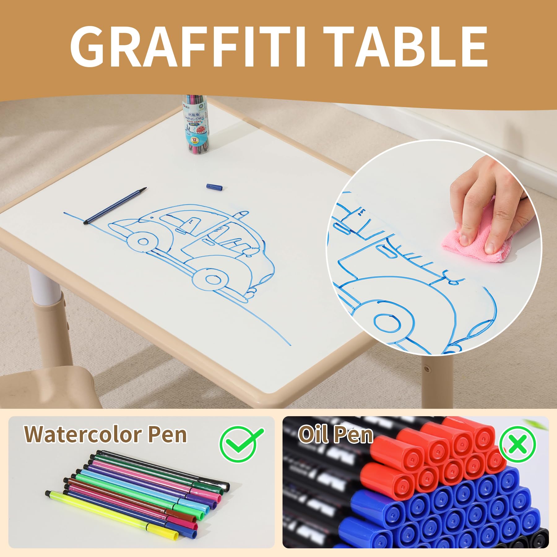 **Height-Adjustable Toddler Table and 4 Chairs Set - Kids Study & Activity Table with Graffiti Desktop for Boys & Girls Ages 3-8 (Max 300lbs) - Perfect for Learning, Drawing & Playtime at Home or Preschool**