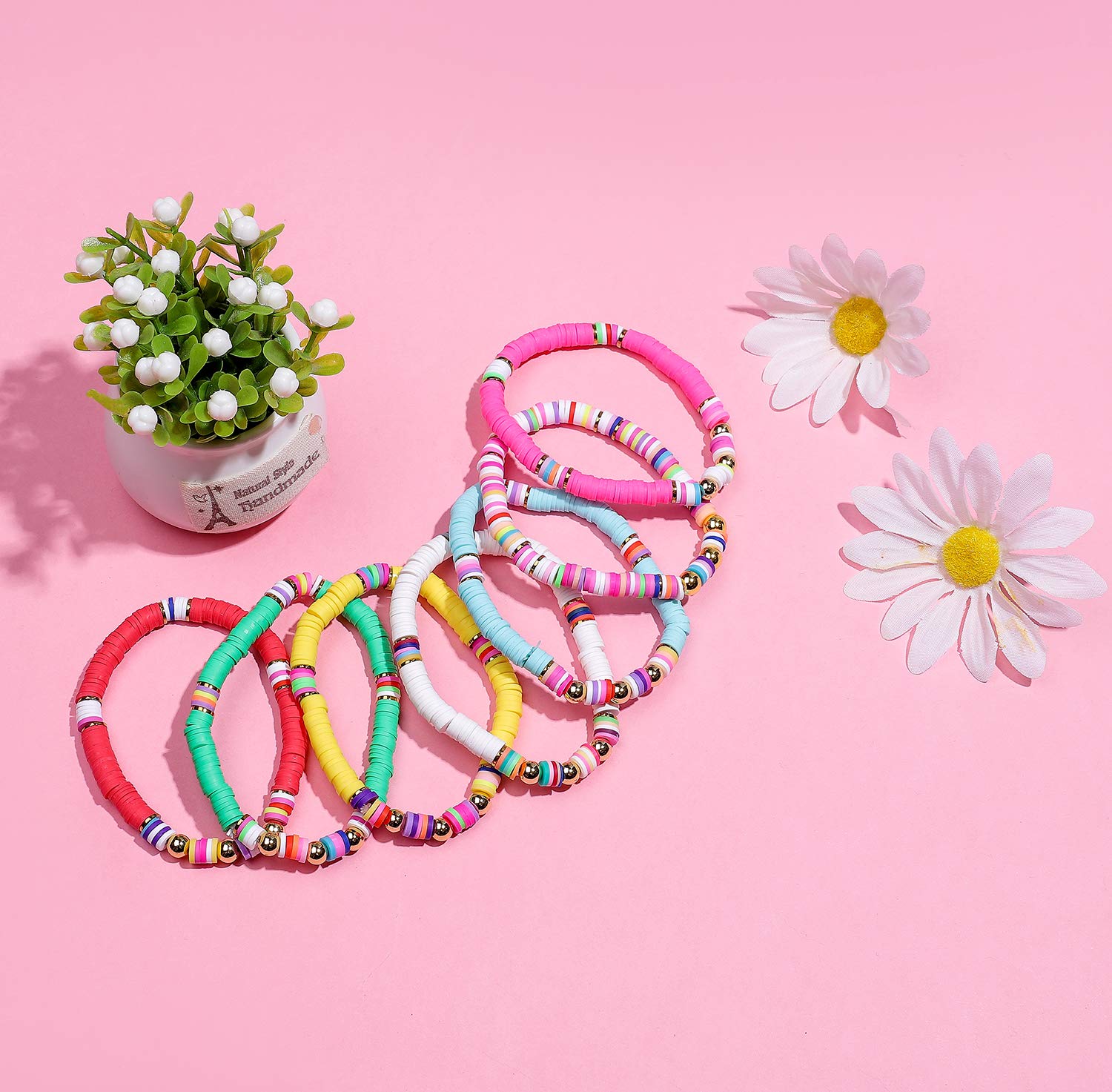 6PCS Handmade Colorful Sliced Clay Bracelets for Women - Stackable Rainbow Vinyl Disc Bead Stretch Bracelets Set - Plastic Summer Wristbands for Casual Wear, Beach Parties & Festival Accessories