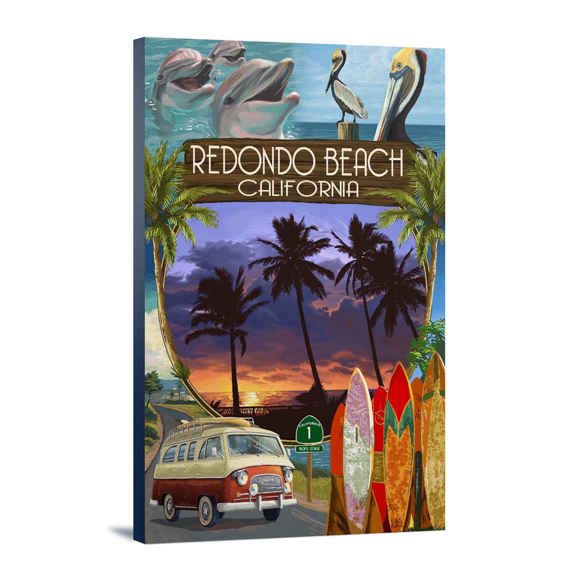 Redondo Beach California Landscape Art with Camper Van - 24x36 Gallery Wrapped Canvas Wall Decor for Beach House, RV or Van Life Enthusiasts