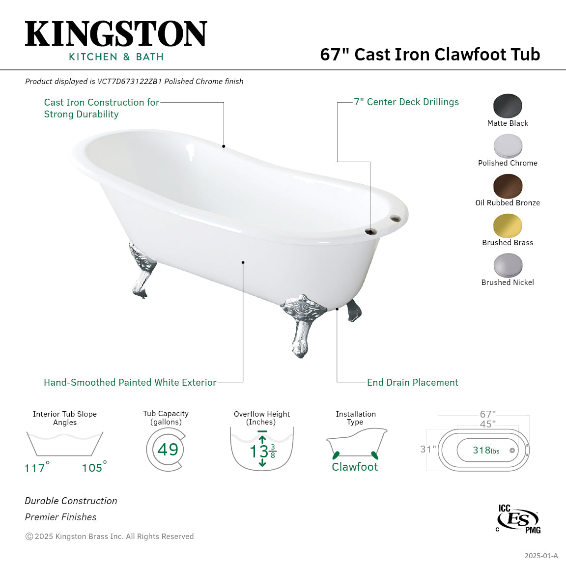 67 Inch White Cast Iron Clawfoot Bathtub with Brushed Brass Feet - Oval Single Slipper Tub (7
