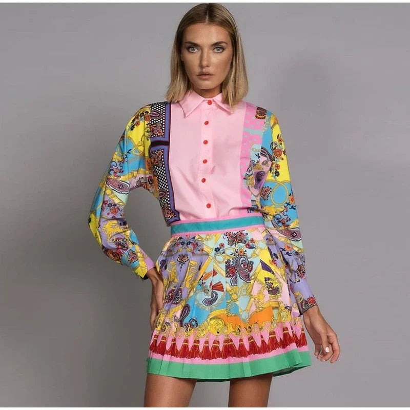 Stylish Women's Pink Lantern Print Short Sleeve Shirt & Pleated Skirt Set - Summer Slim Fit Outfit for Casual Wear, Date Night & Office Fashion