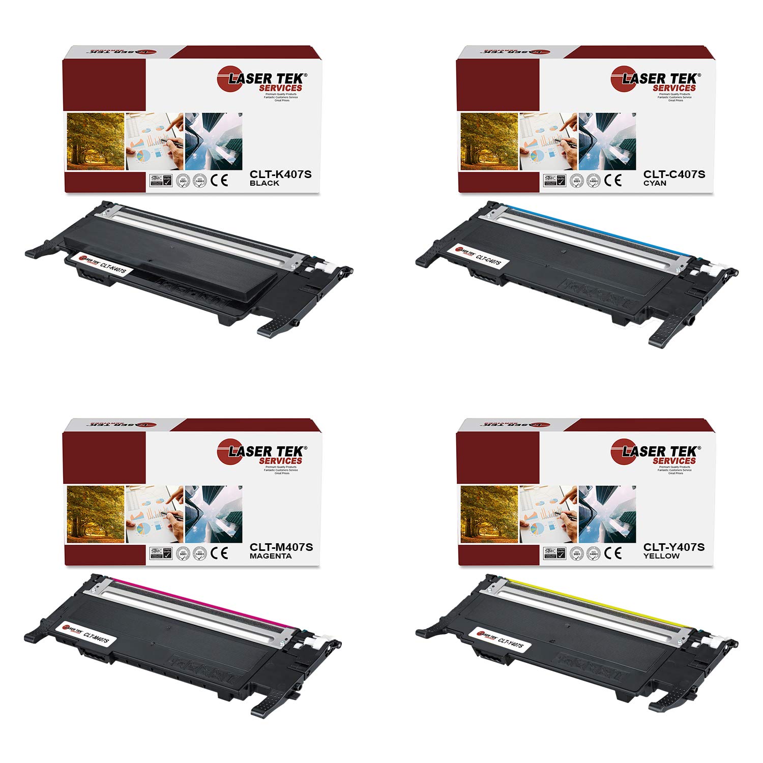 Laser Tek Services Compatible Samsung CLT-K407S CLT-C407S CLT-M407S CLT-Y407S Toner Cartridge Replacement (4-Pack) for Samsung CLP-320/320N & CLX-3180/3185FW Printers - Black, Cyan, Magenta, Yellow | High-Quality Printing for Office Documents, Photos & Marketing Materials