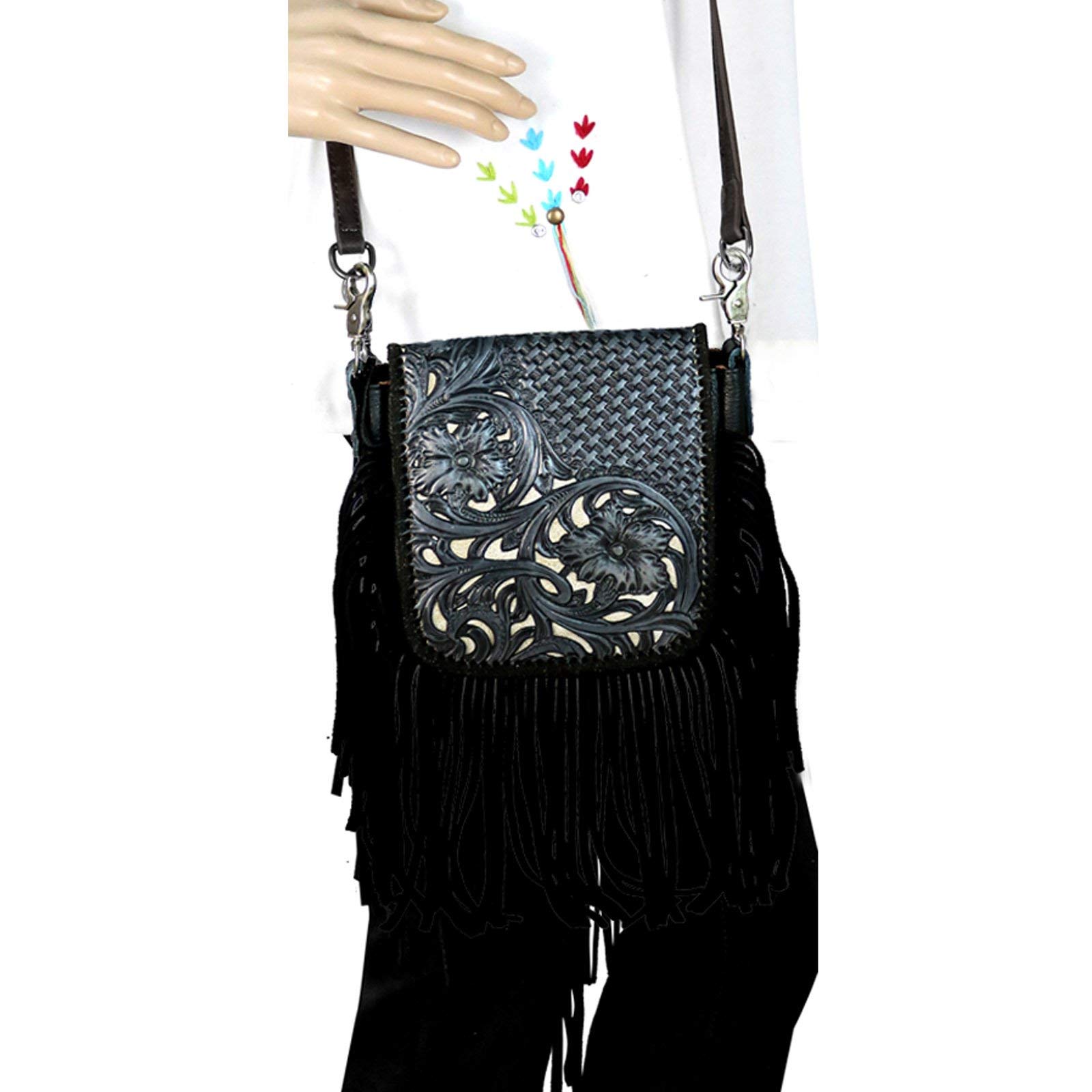 Genuine Leather Floral Tooled Fringe Crossbody Bag for Women - Western Style Handbag in 3 Colors | Perfect for Casual Outings, Music Festivals & Boho Fashion