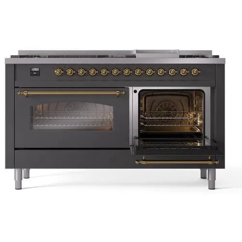 ILVE Nostalgie II 60 Inch Dual Fuel Natural Gas Range - Matte Graphite with Brass Trim (UP60FNMPMGG) | Professional Kitchen Appliance for Home Chefs & Culinary Enthusiasts