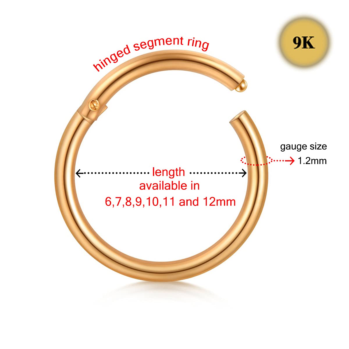9K Solid Gold 16 Gauge Hinged Segment Nose Ring - Cartilage Earring for Rook, Daith, Tragus & Helix Piercings - Durable & Hypoallergenic Jewelry for Everyday Wear & Special Occasions
