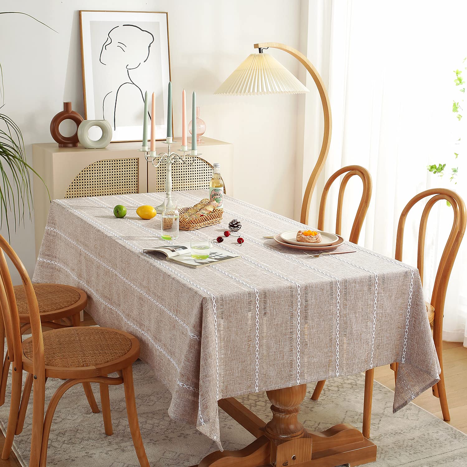 Farmhouse Style Linen Tablecloth 60x84 Inches - Wrinkle Resistant, Washable Rectangle Dining Table Cover in Light Coffee with Hemstitch Detail | Perfect for Rustic Weddings, Holiday Dinners & Farmhouse Decor