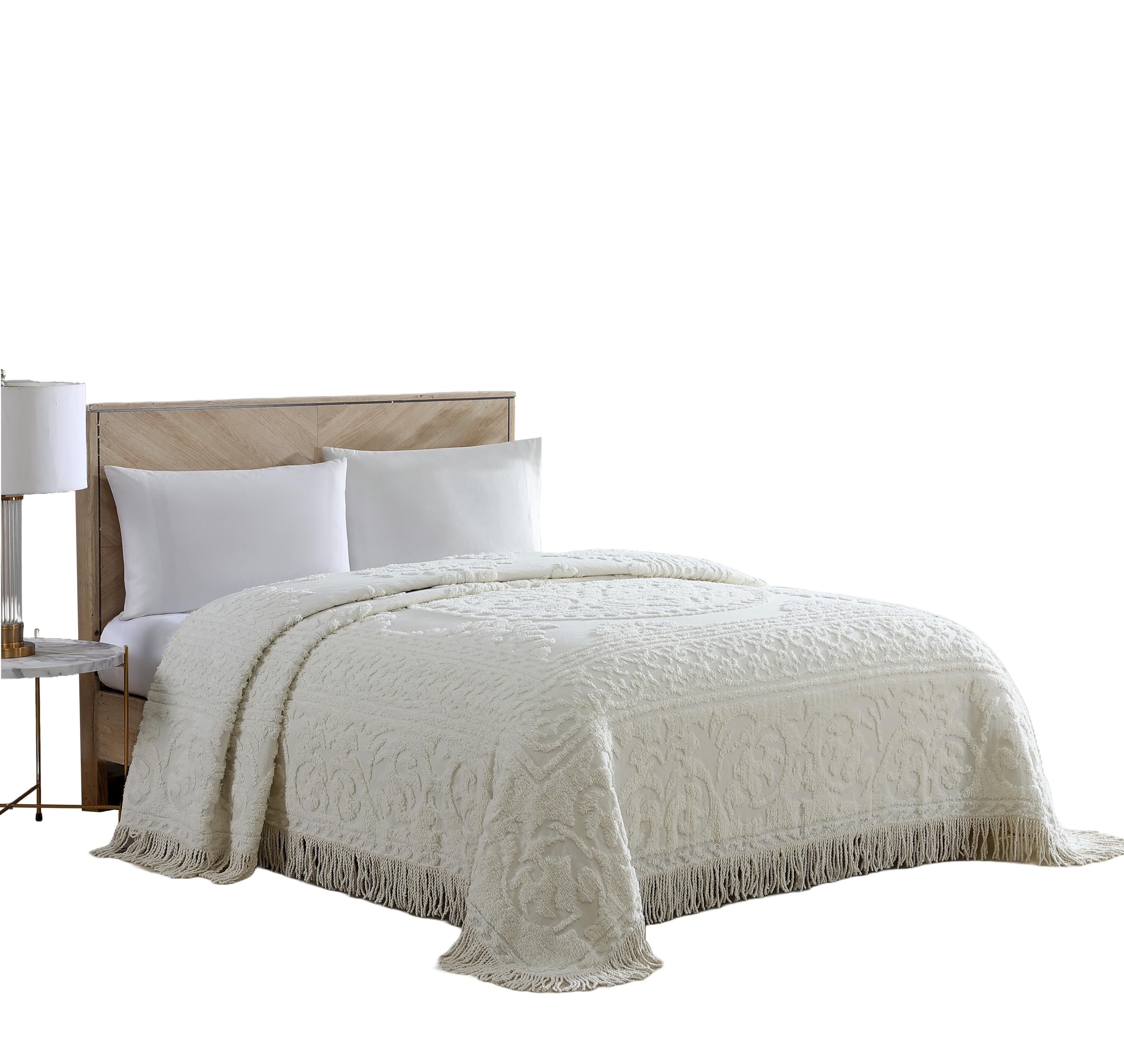 Beatrice Home Fashions Medallion Chenille Bedspread - Full Size Ivory Luxury Bed Cover for Master Bedroom, Guest Room & Dorm Decor