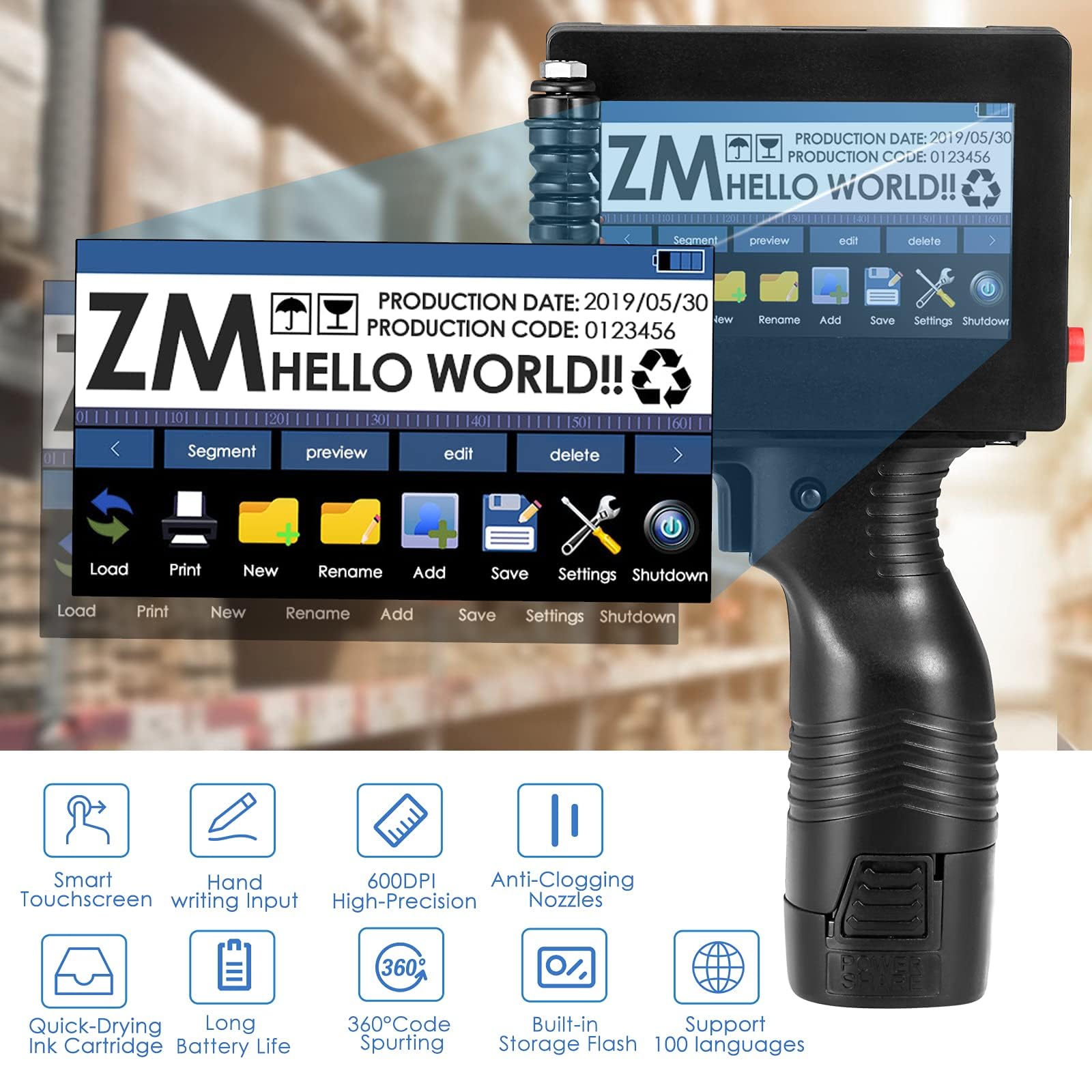 4.3 Inch HD Touch Screen Handheld Inkjet Printer - Portable Bluetooth Printer with Quick-Drying Ink (100 Language Support) for Labeling, Packaging & Industrial Marking