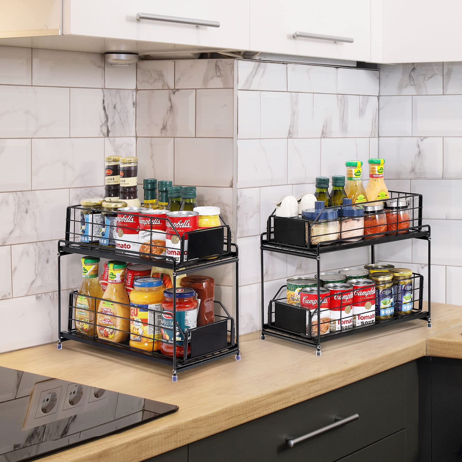 CADUKE 2-Tier Under Sink Organizer with Sliding Metal Drawers - Bathroom & Kitchen Cabinet Storage Basket - Space Saving Pull-Out Shelf for Cleaning Supplies, Cosmetics & Toiletries (2-Pack, Black)
