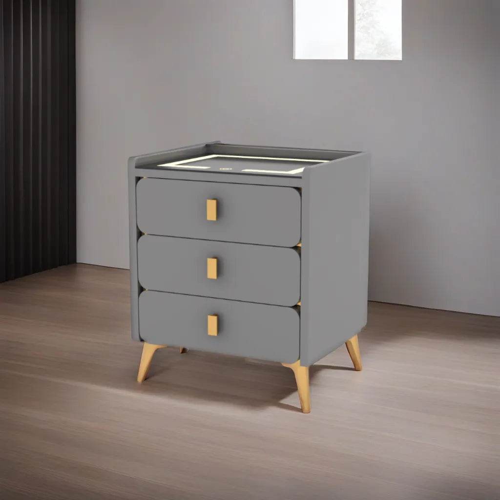 Modern Grey Bedside Table with LED Light - Nightstand with USB Charging Port & Storage Shelf for Bedroom, Living Room, or Office