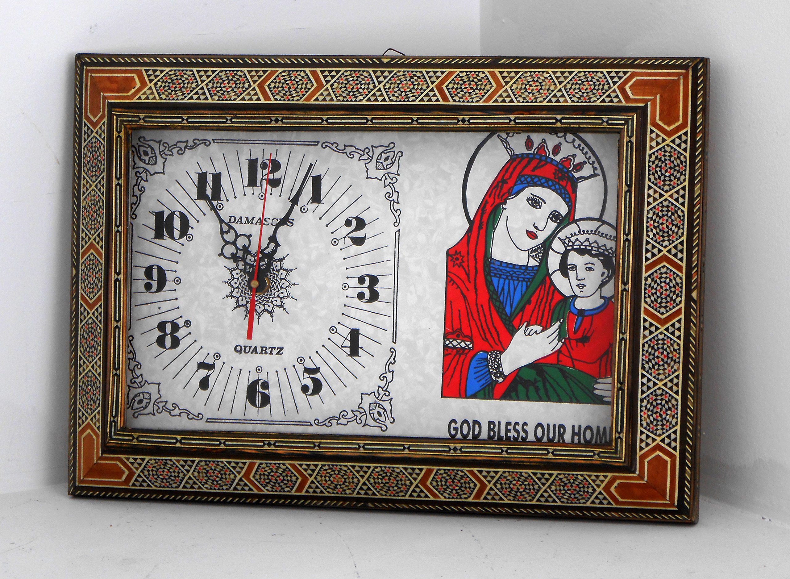 Christian Oriental Wall Clock - God Bless Our Home with St Mary Holding Jesus - Elegant Home Decor for Living Room, Bedroom & Church