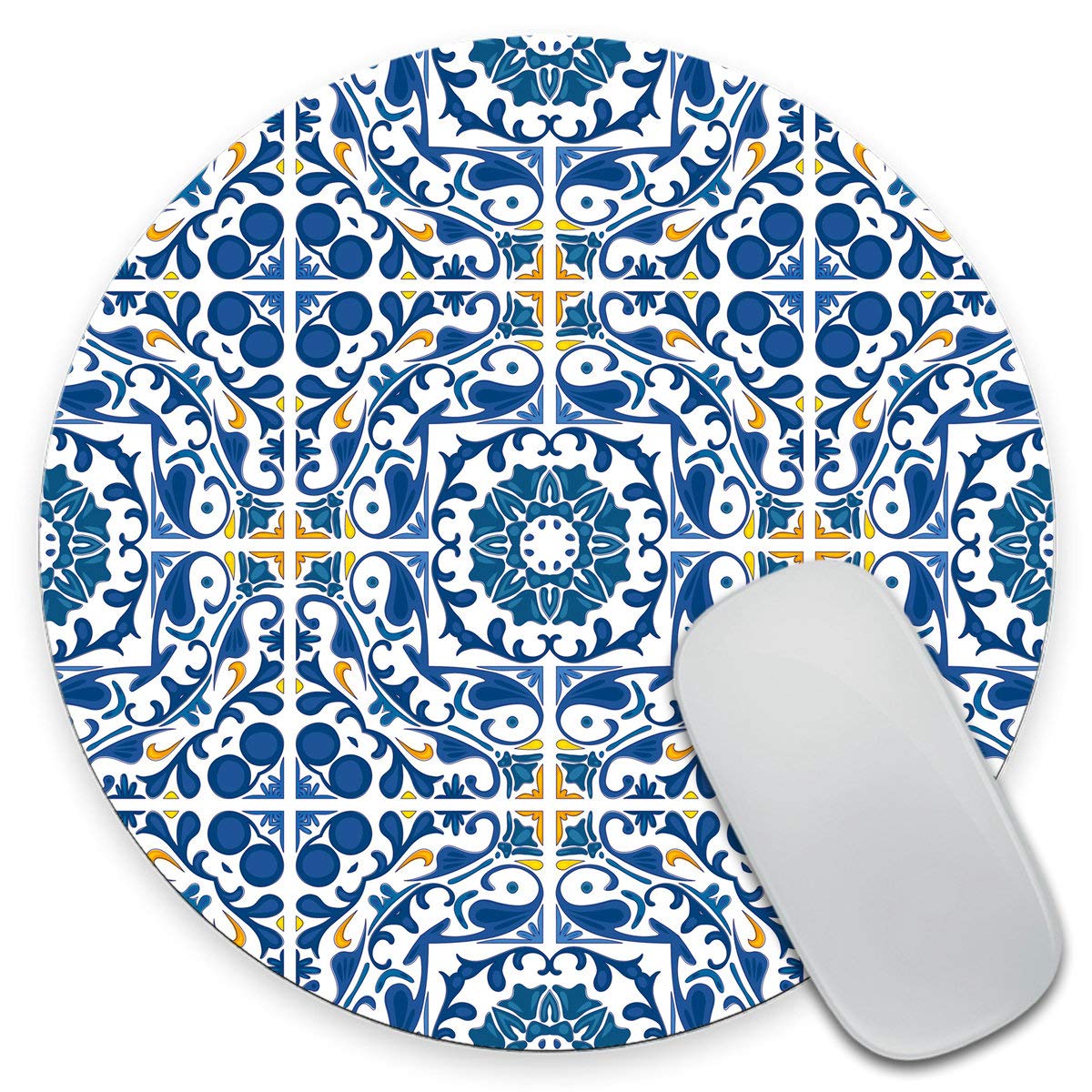 Portuguese Tile Print Mouse Pad - Moroccan & Mediterranean Design Round Mouse Mat for Office, Gaming & Home Use - Non-Slip Desk Accessory Gift for PC & Laptop Users