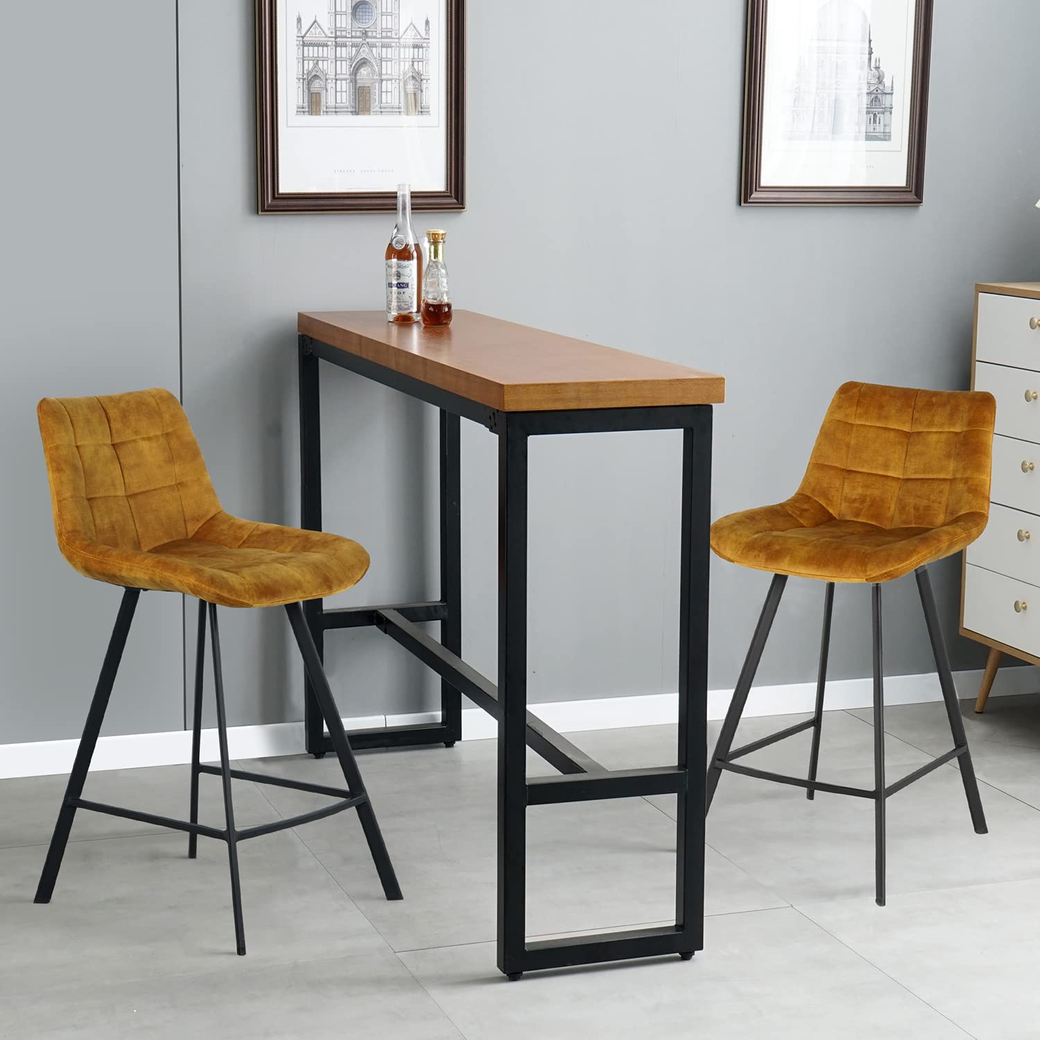 Modern Velvet Counter Height Bar Stools Set of 2 with Backrest & Footrest - Upholstered Armless Barstools for Kitchen Island, Breakfast Nook & Dining Room - Dark Yellow Home Decor