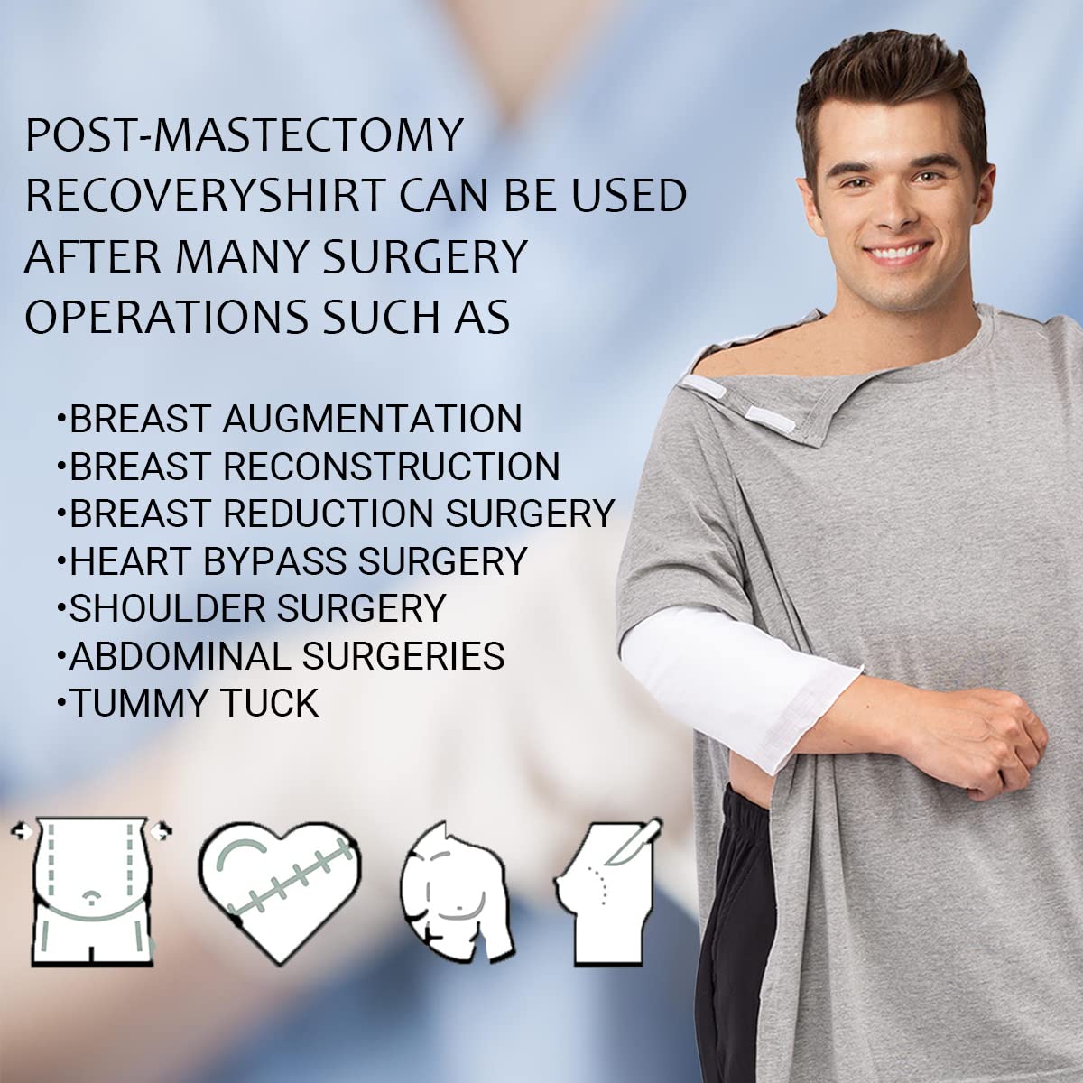 Post Shoulder Surgery Shirt for Men & Women - Easy On/Off Rehab Shirt with Stick-On Fasteners - Large Gray - Ideal for Recovery, Physical Therapy & Daily Comfort