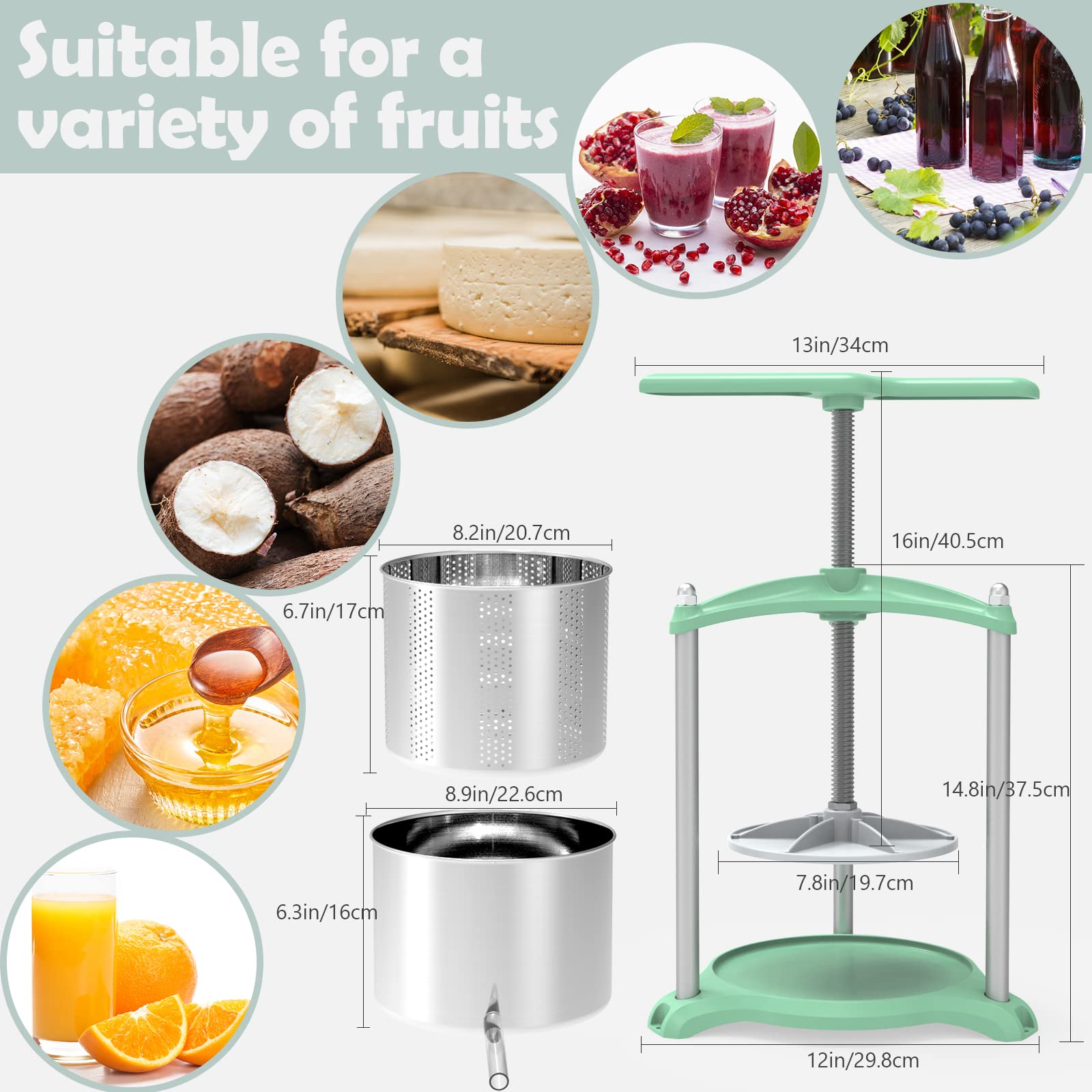 Stainless Steel Manual Fruit Press 1.6 Gallon/6L - Cheese Tincture Herb Wine Press with T-Handle & Triangular Structure for Juice, Cider, Olive Oil - Perfect for Home Brewing, Winemaking & Kitchen Use (Green)