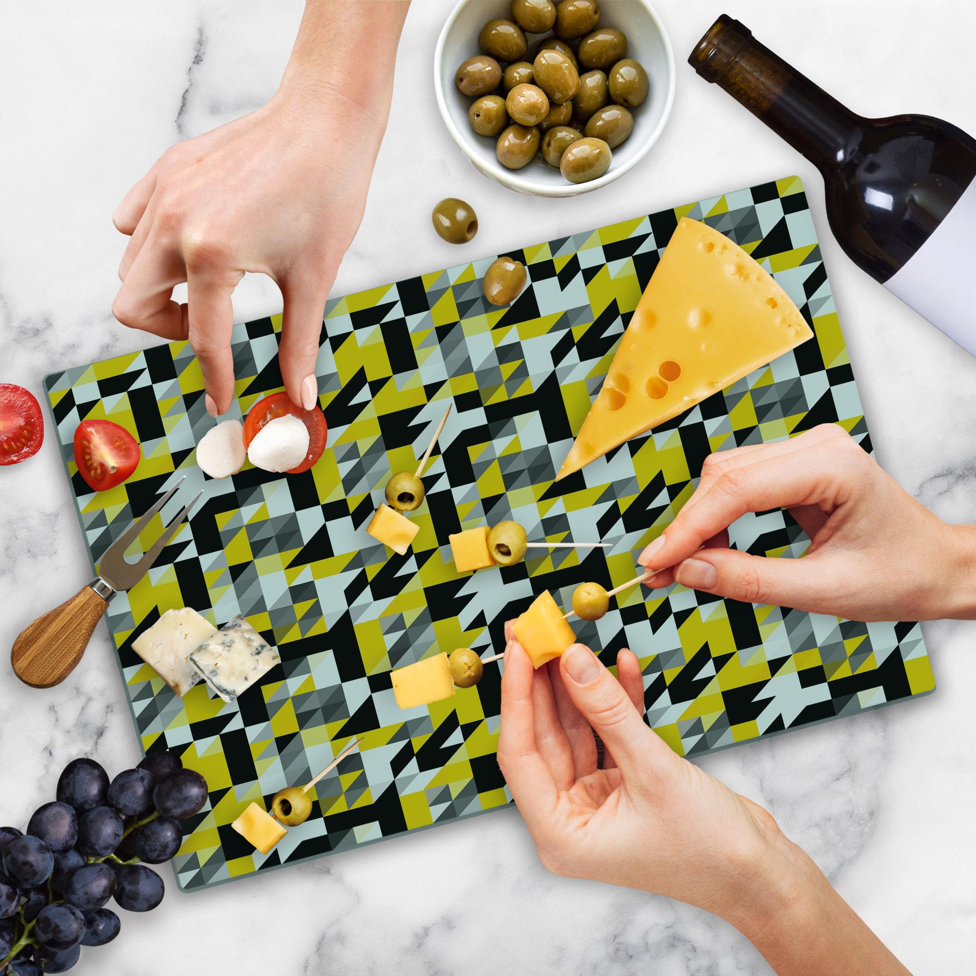 Ambesonne Geometric Glass Cutting Board - Yellow & White for Kitchen & Serving