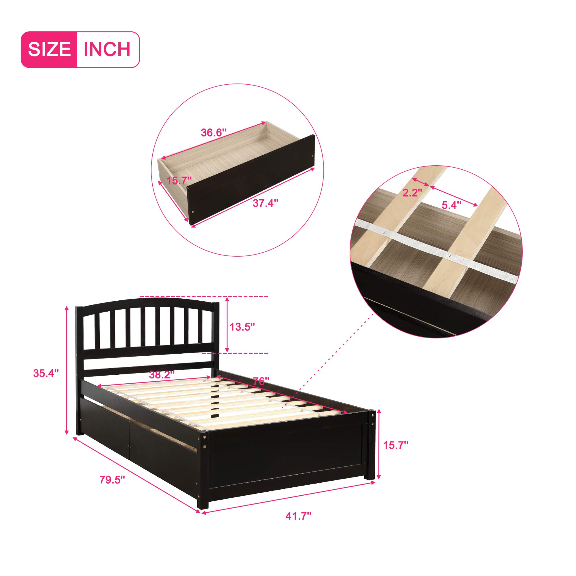 Merax Twin Size Solid Wood Platform Bed Frame with 2 Storage Drawers & Headboard - Espresso Finish | Perfect for Small Bedrooms, Guest Rooms & Kids' Rooms
