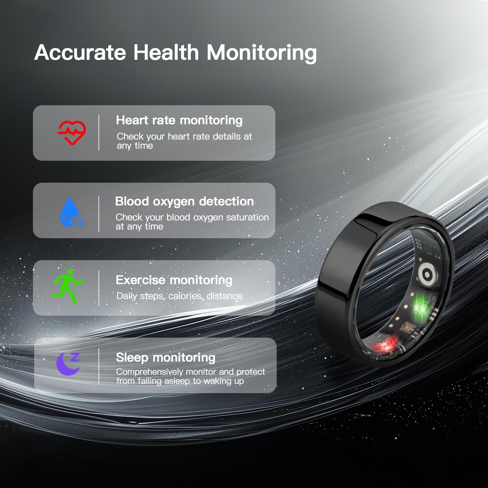 Smart Ring with Heart Rate Monitor, Sleep & Blood Oxygen Tracking, IP68 Waterproof Fitness Tracker - No App Subscription Needed (Black, Size 8) | Perfect for Workouts, Sleep Analysis & Daily Health Monitoring