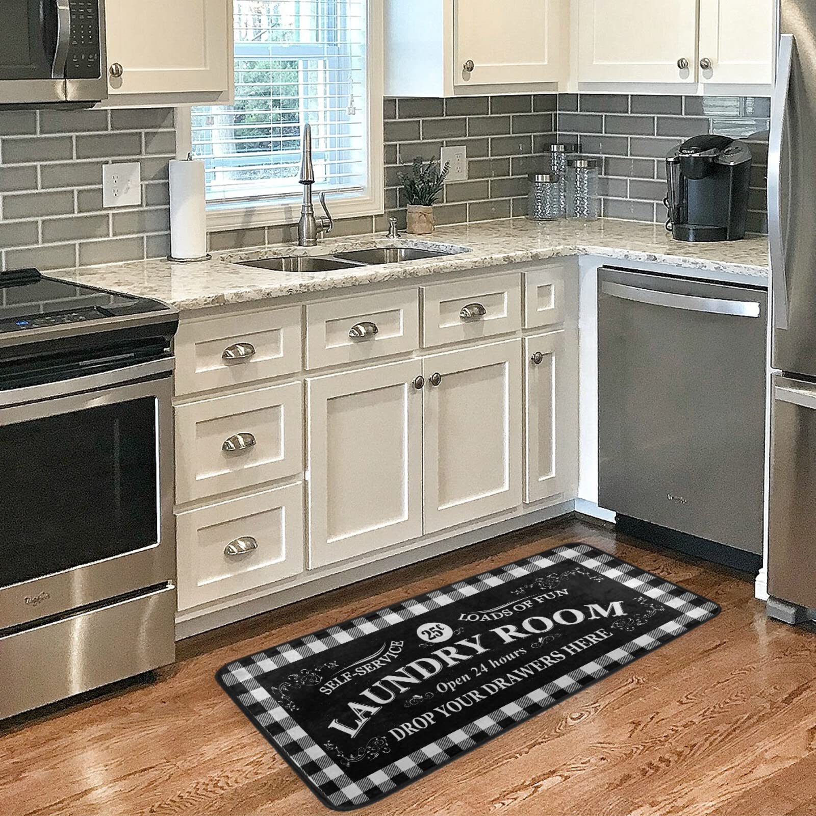 Non-Slip White Buffalo Plaid Kitchen Rugs - 39x20 Inch Cushioned Floor Mats for Laundry Room, Sink Area & Home Office - Washable Anti-Fatigue Mats for Standing Comfort & Stylish Decor
