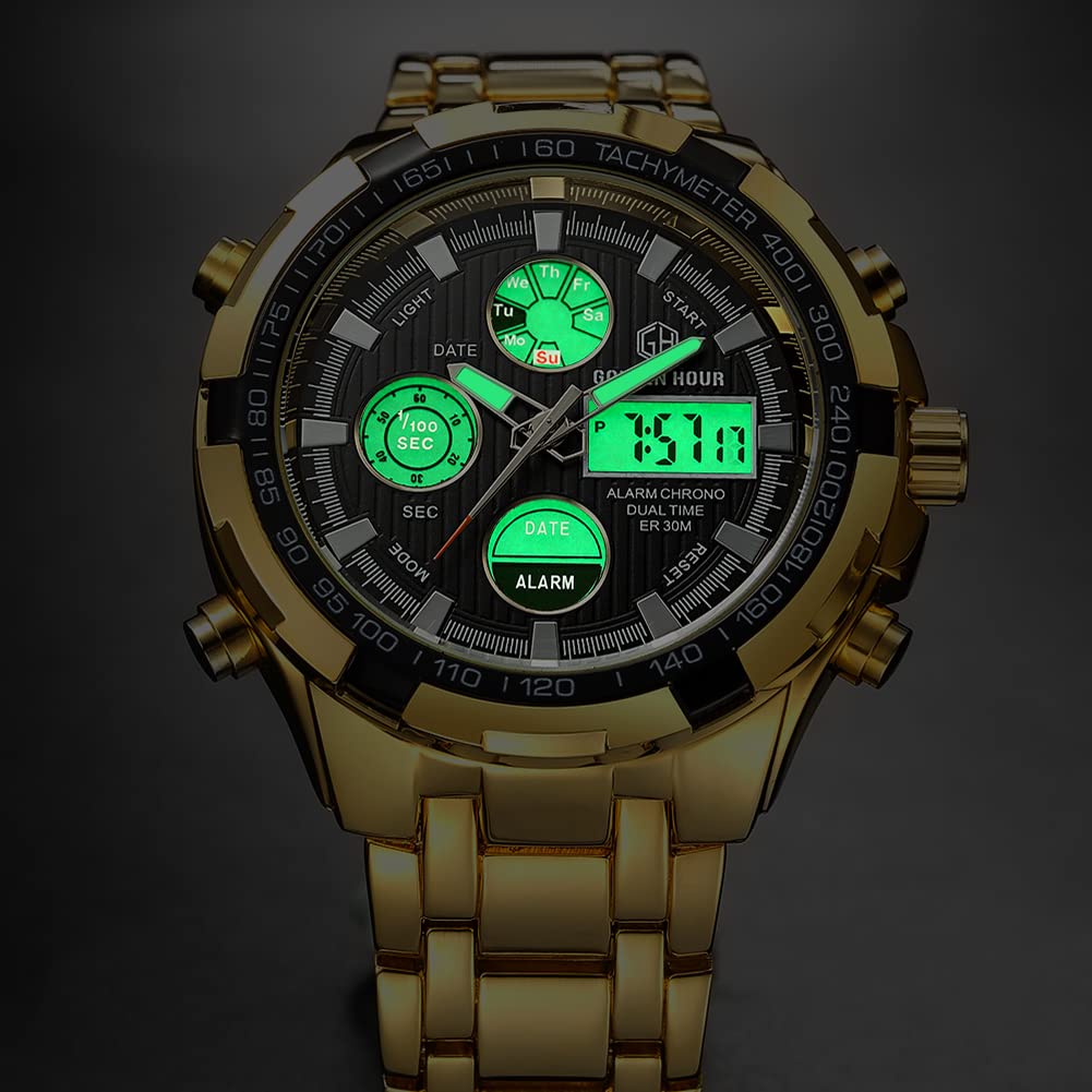 GOLDEN HOUR Luxury Stainless Steel Analog Digital Watch for Men - Waterproof Sports Wristwatch with Heavy Duty Design | Perfect for Outdoor Activities, Hiking & Everyday Wear