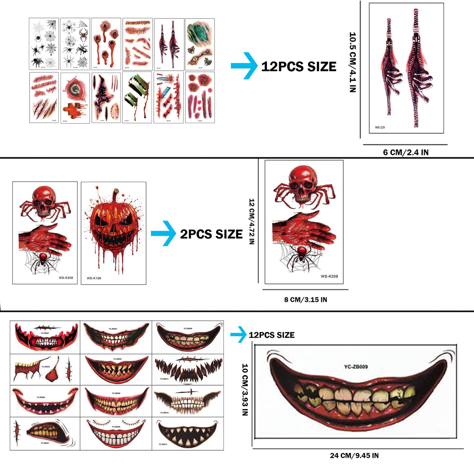 26pcs Halloween Big Mouth Fake Tattoos for Adults & Kids - Scary Prank Makeup Joker Temporary Tattoo Kit - Horror Clown Face Stickers for Halloween Parties, Cosplay & Costume Events